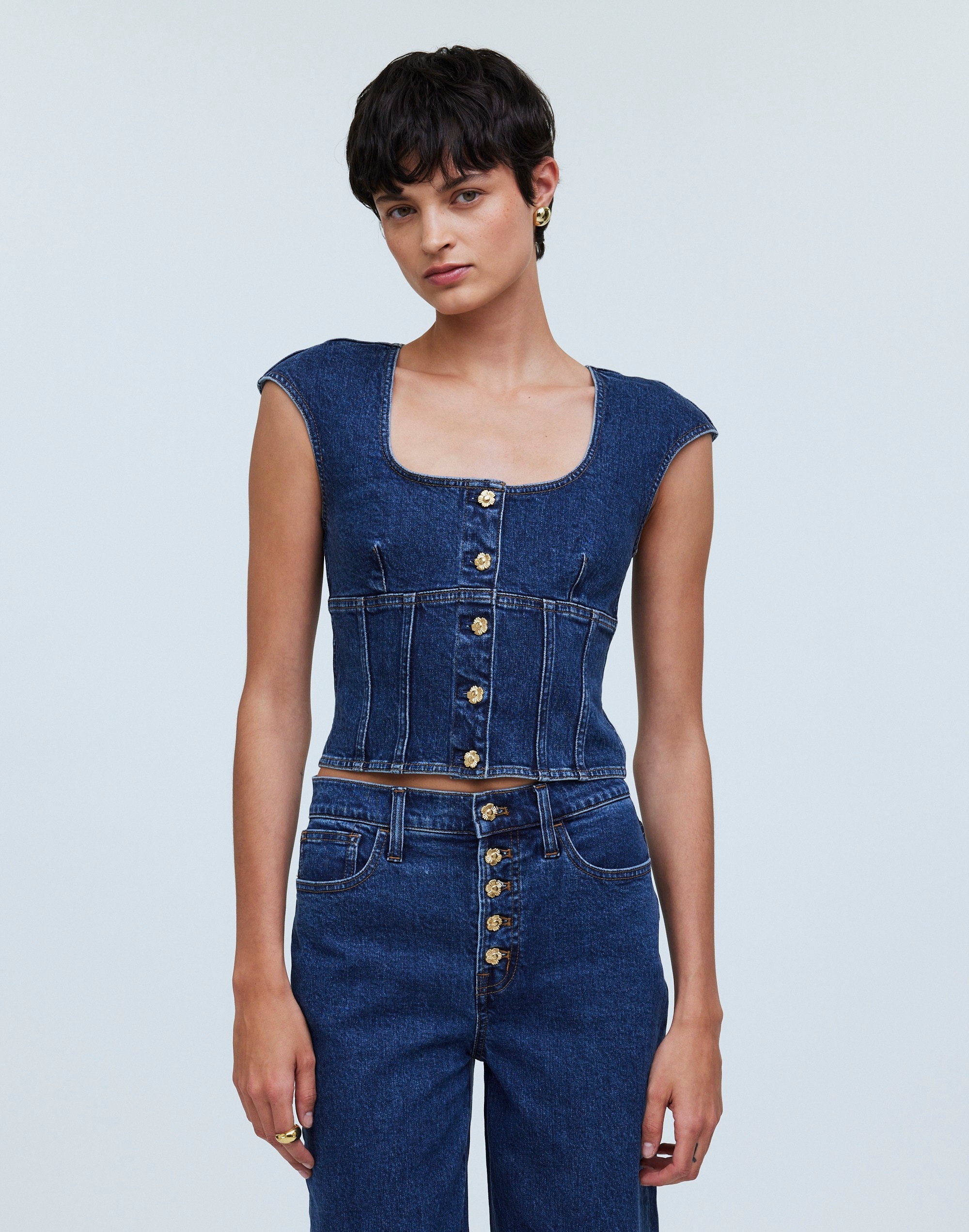 Denim Darted Crop Top in Marbern Wash in marbern wash image 1