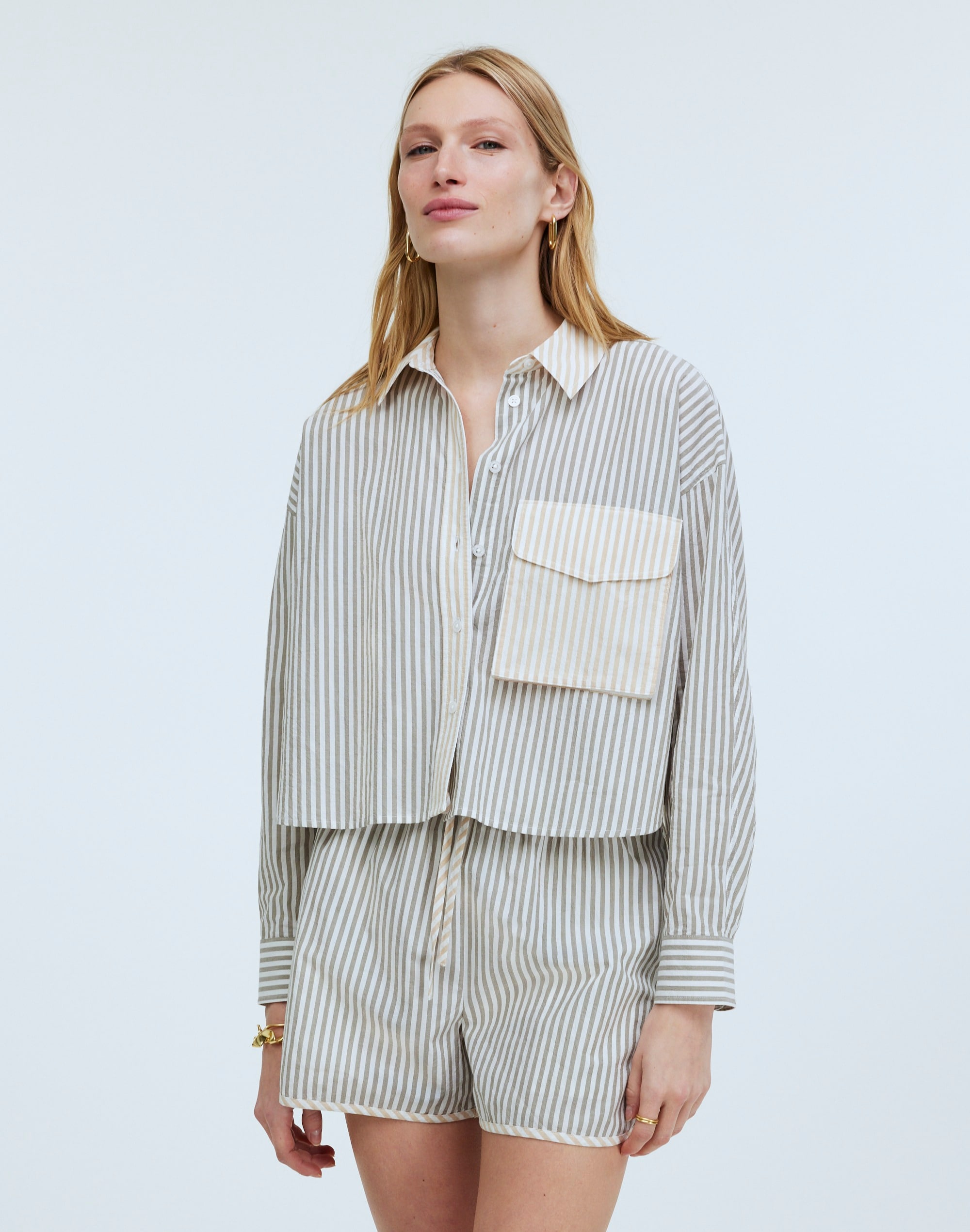 Flap-Pocket Crop Button-Up Shirt in Poplin