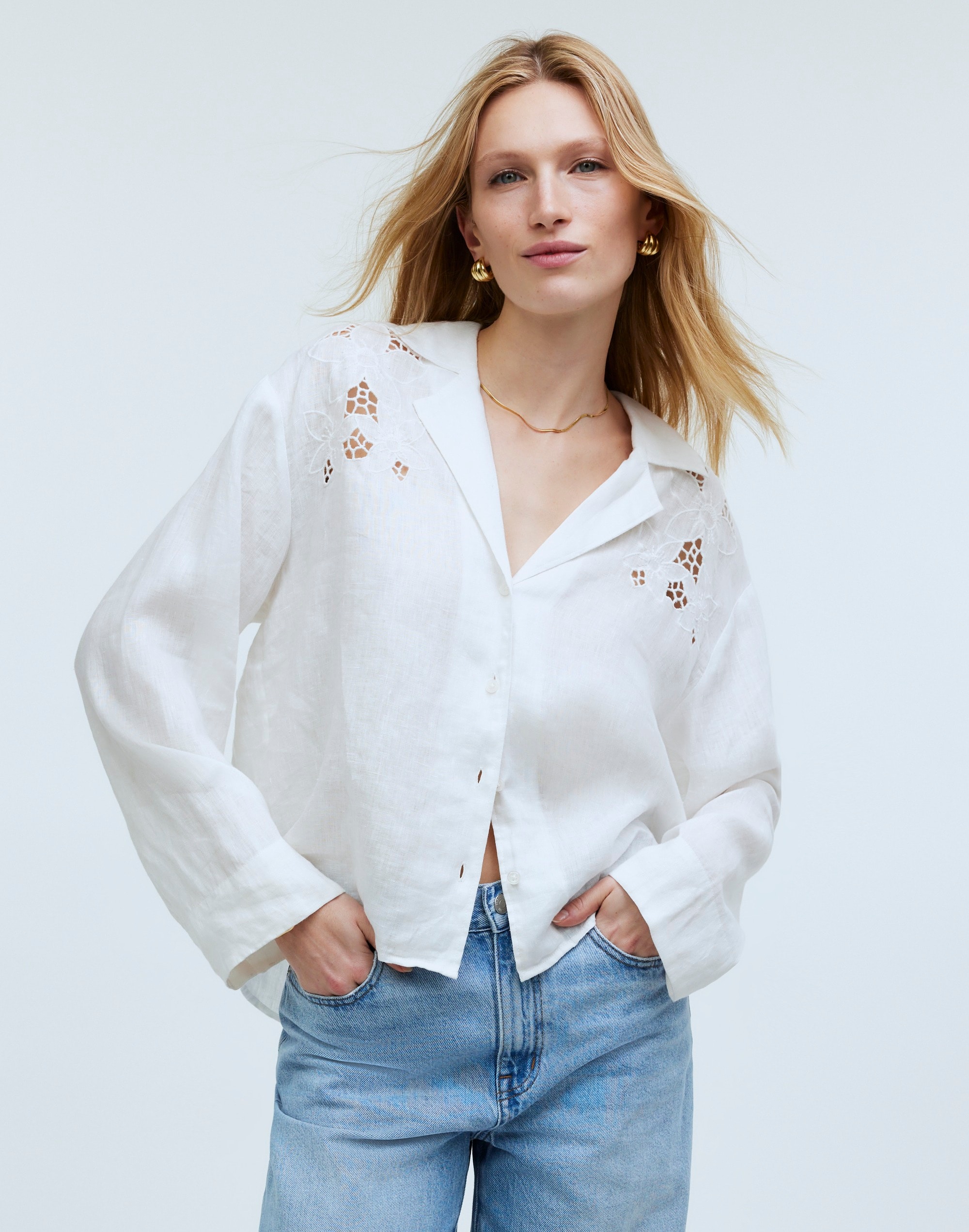 resort long-sleeve shirt in embroidered eyelet