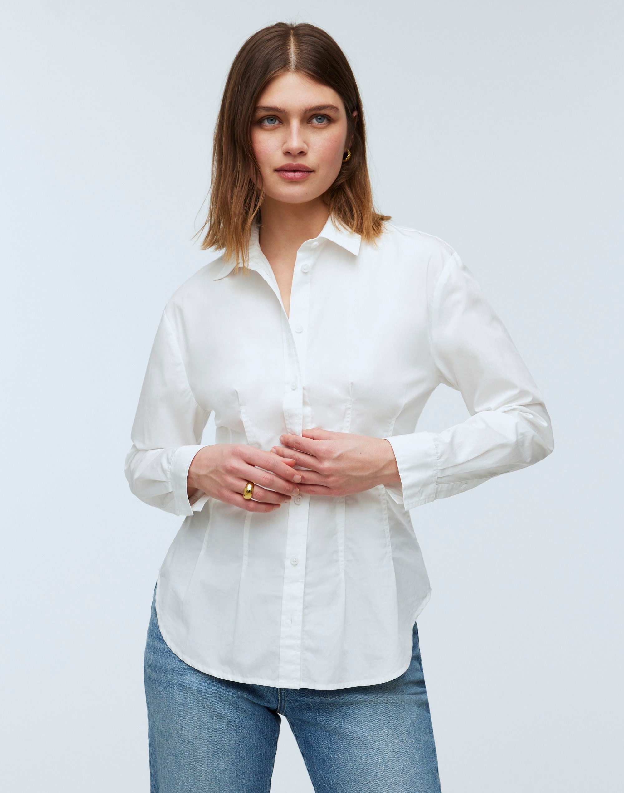 darted long-sleeve button-up shirt