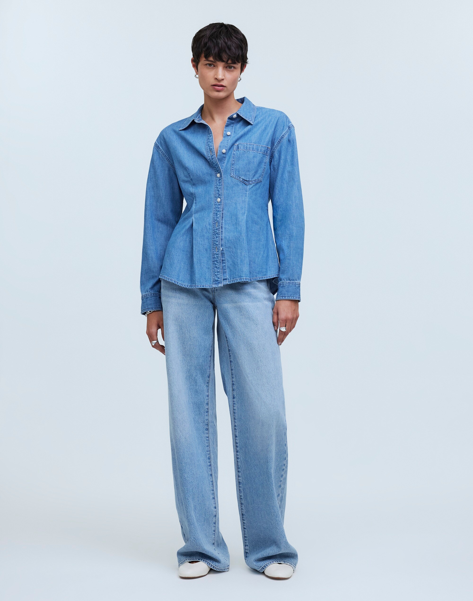 Denim Darted Button-Up Shirt in Winnset Wash
