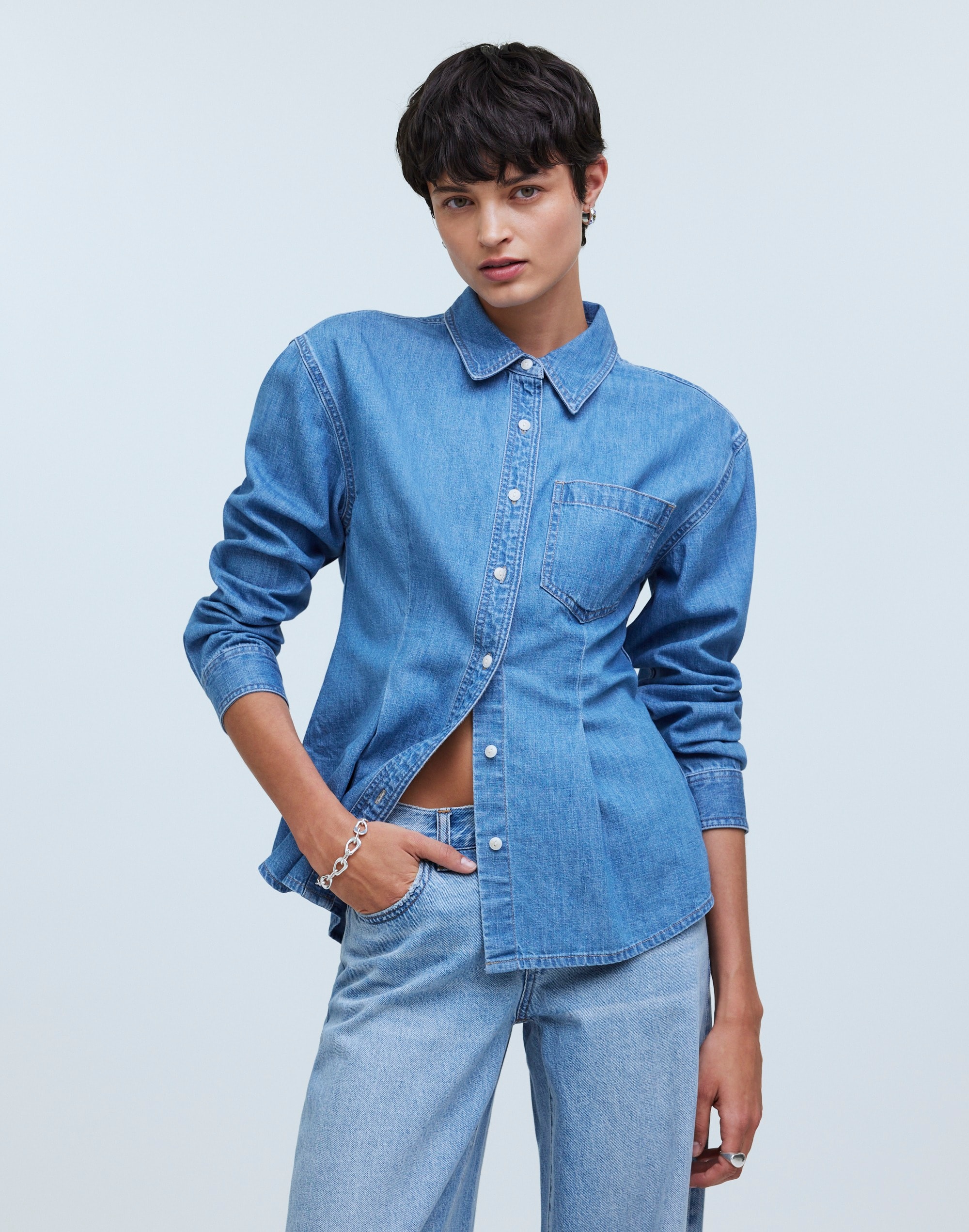 Denim Darted Button-Up Shirt in Winnset Wash