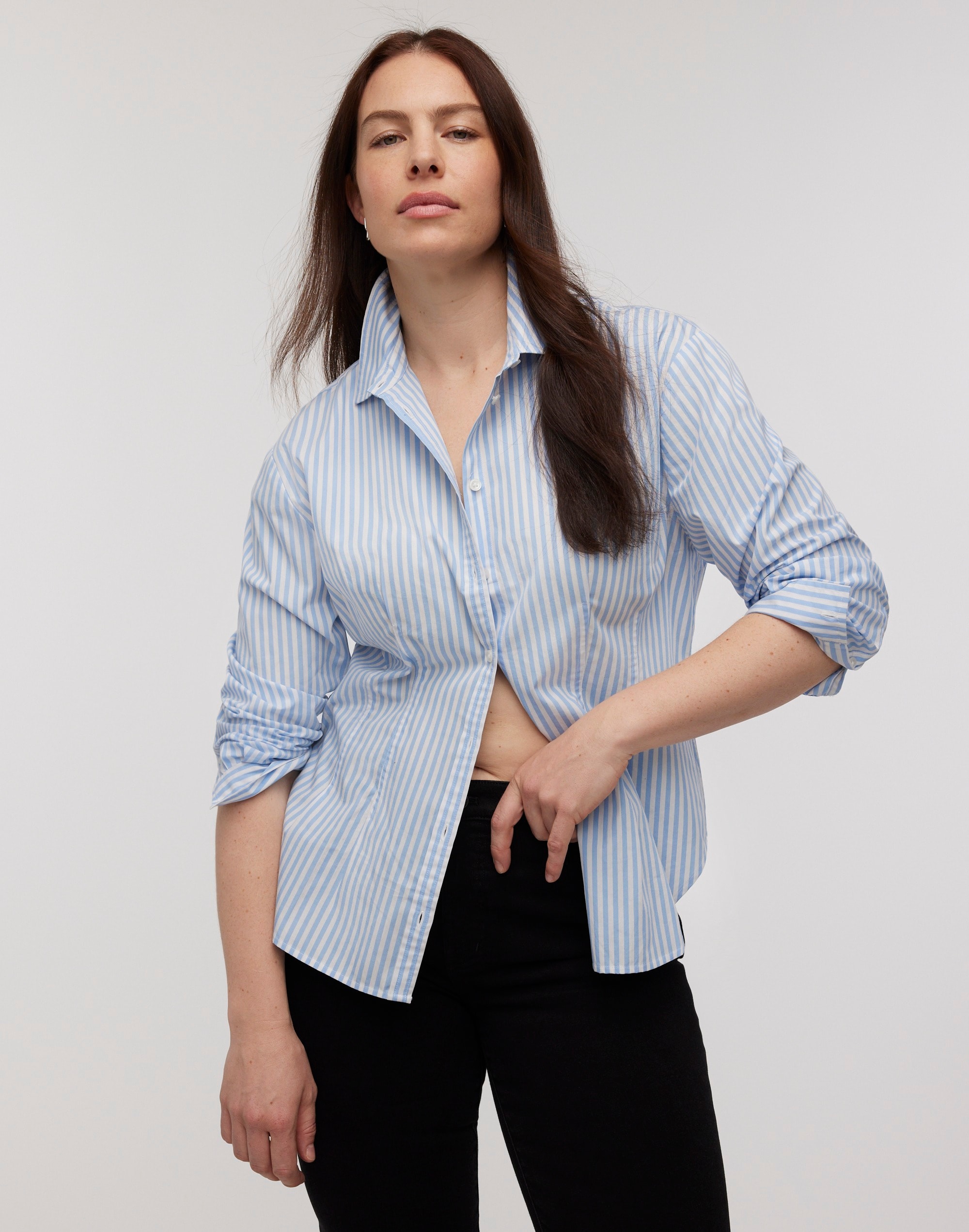 Darted Long-Sleeve Button-Up Shirt
