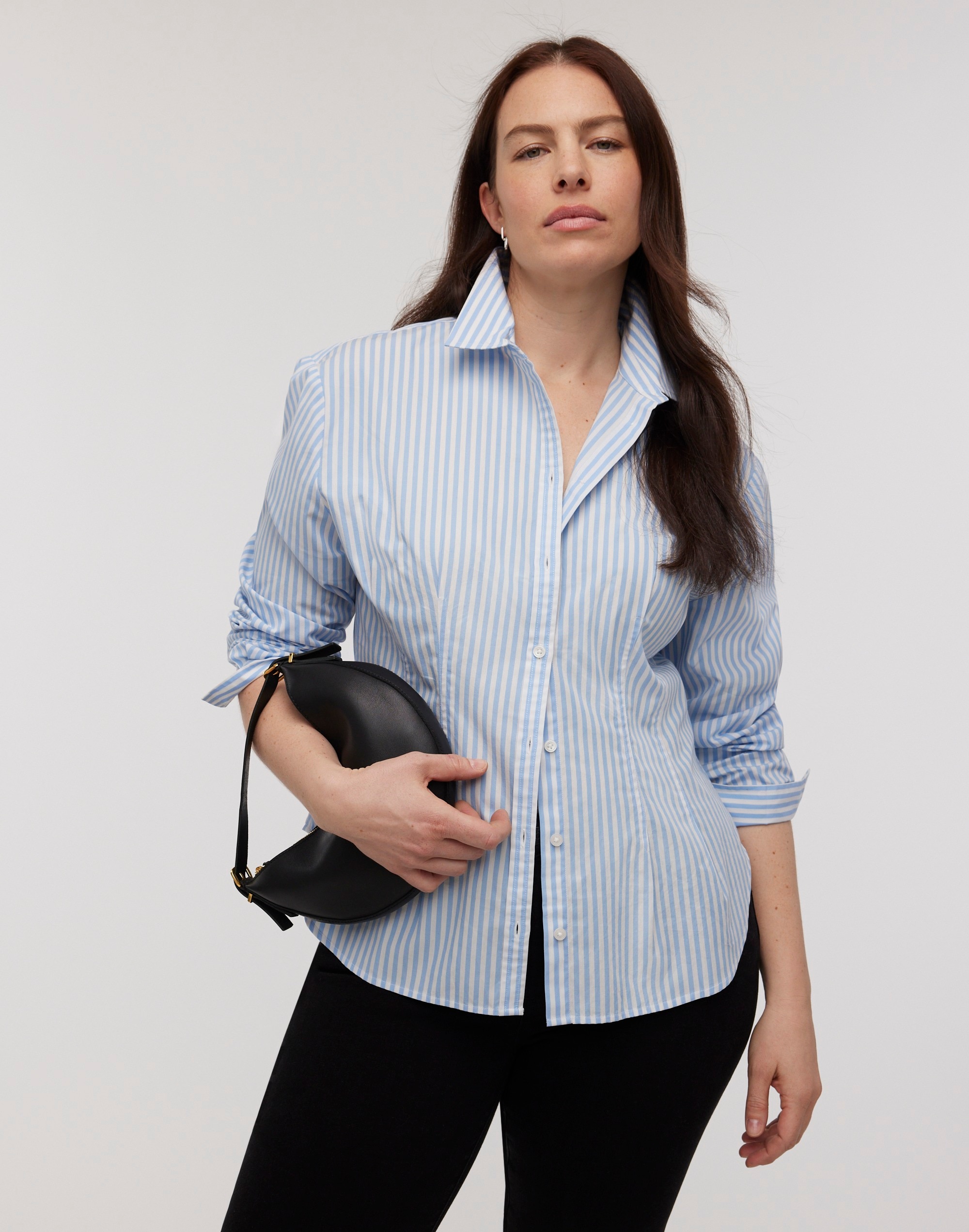 darted long-sleeve button-up shirt in stripe poplin