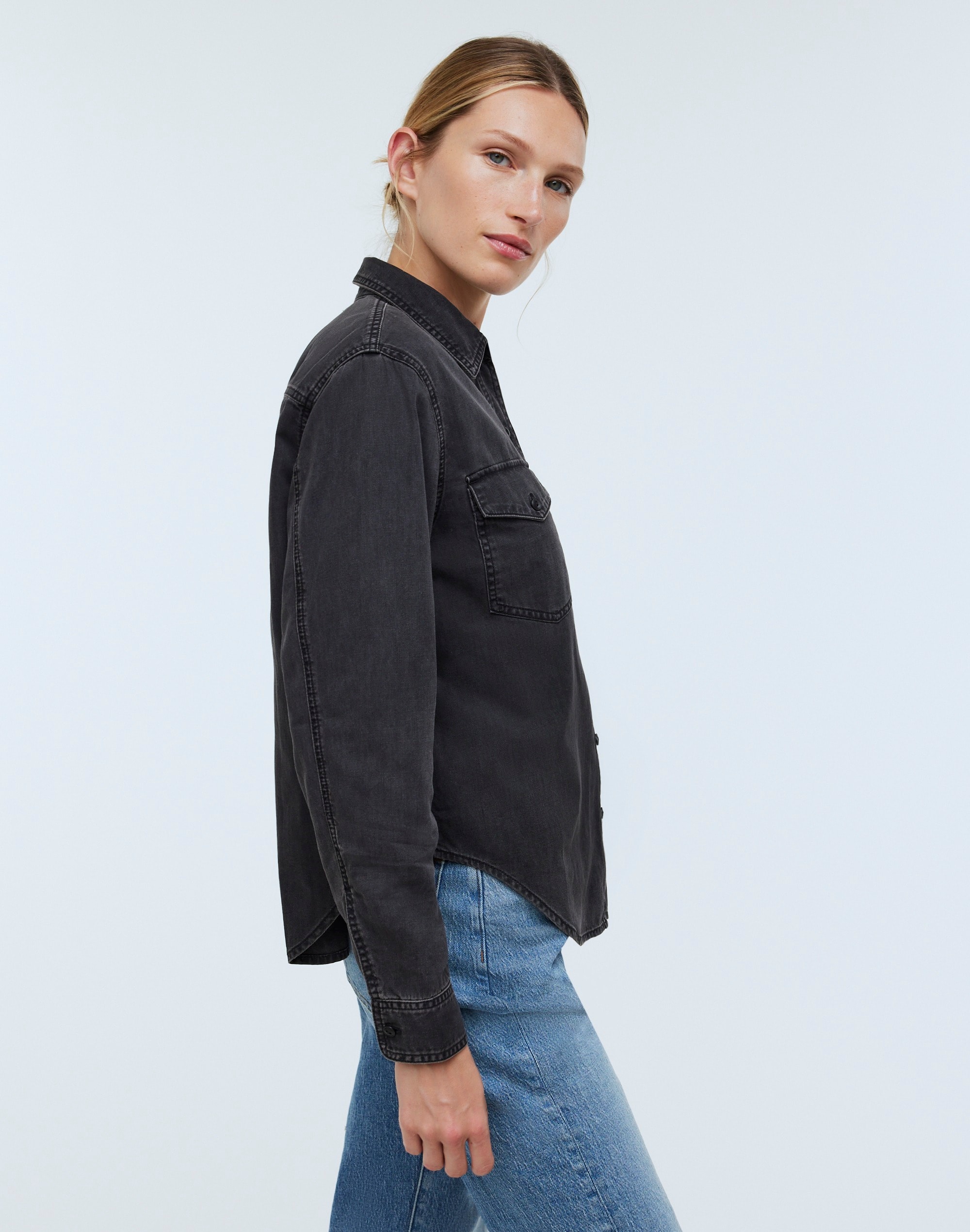 Denim Western Button-Up Shirt in Lunar Wash