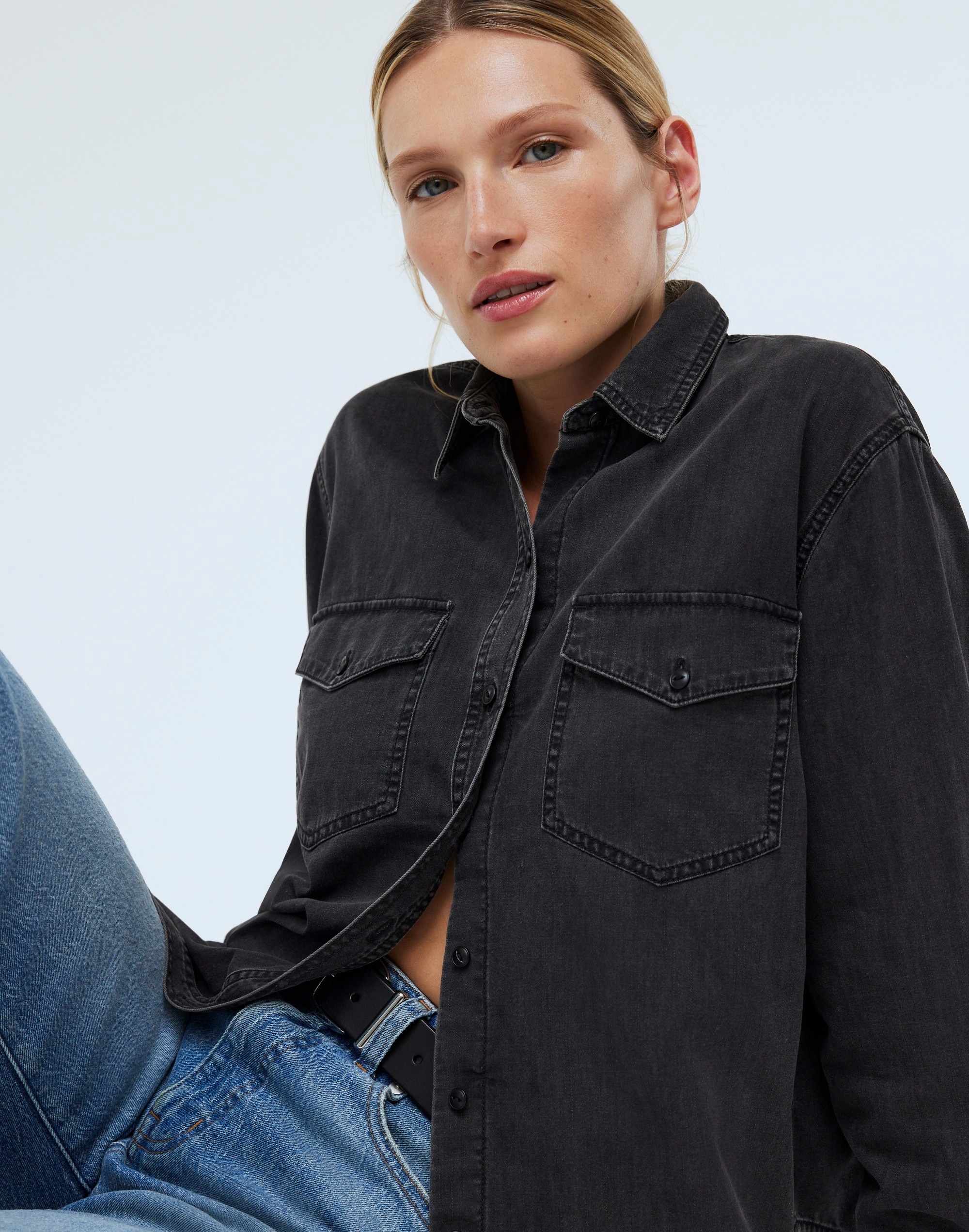 Denim Western Button-Up Shirt in Lunar Wash