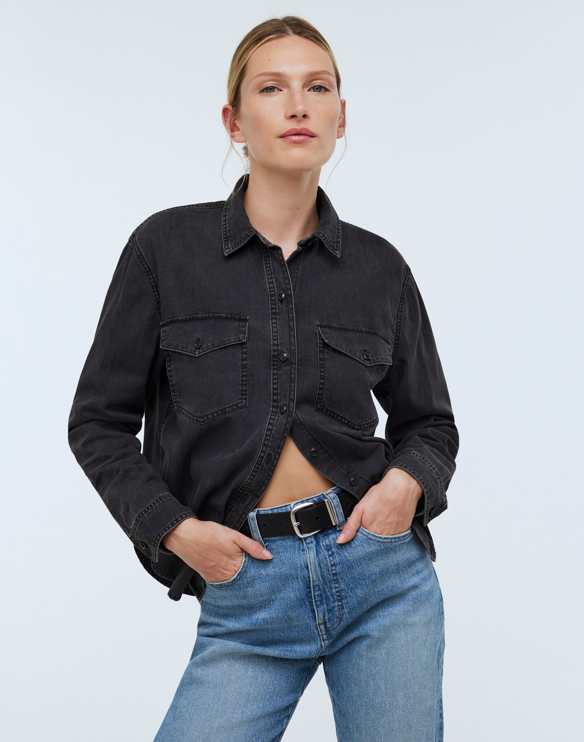 Denim Western Button-Up Shirt in Lunar Wash
