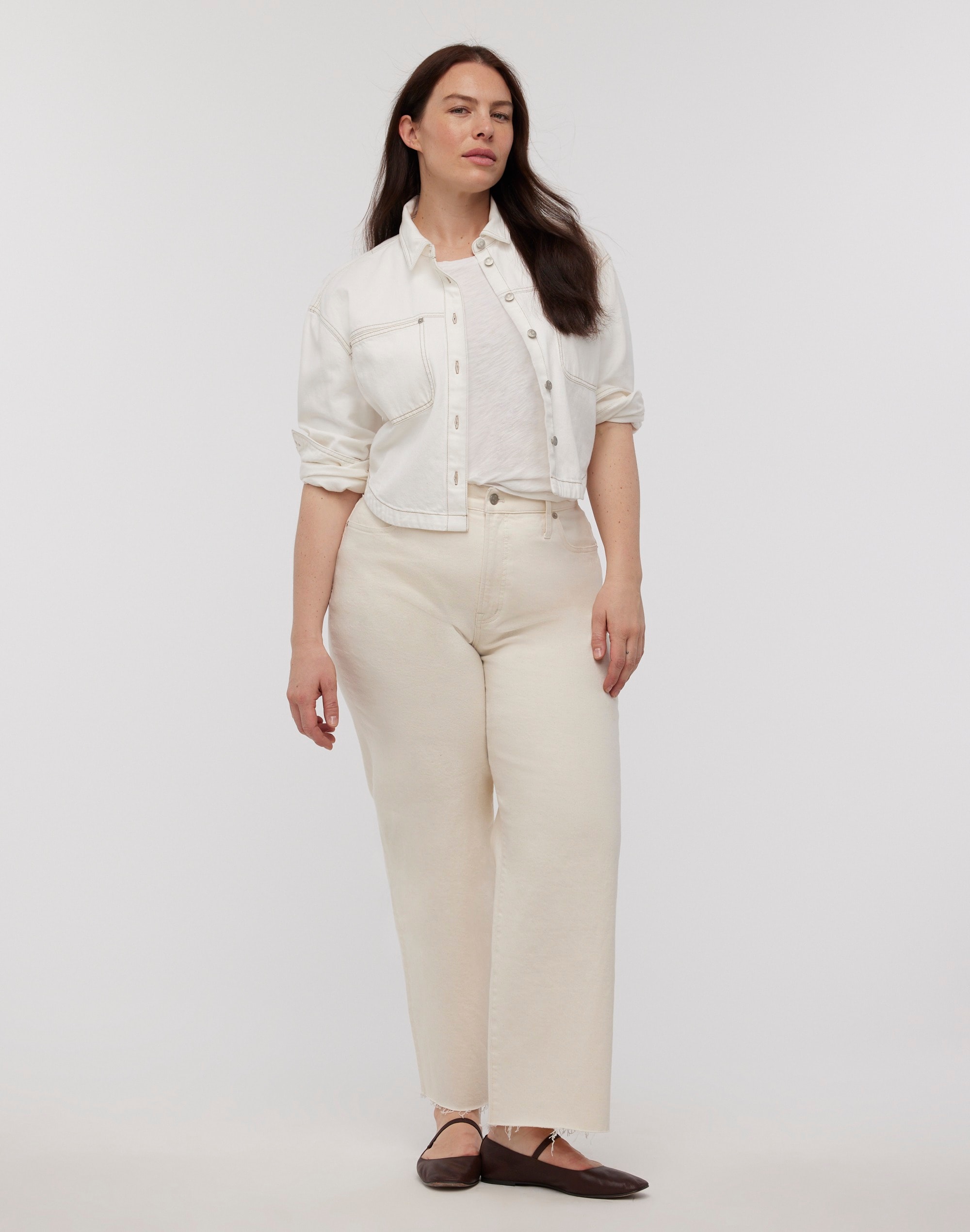 Denim Long-Sleeve Crop Shirt Tile White