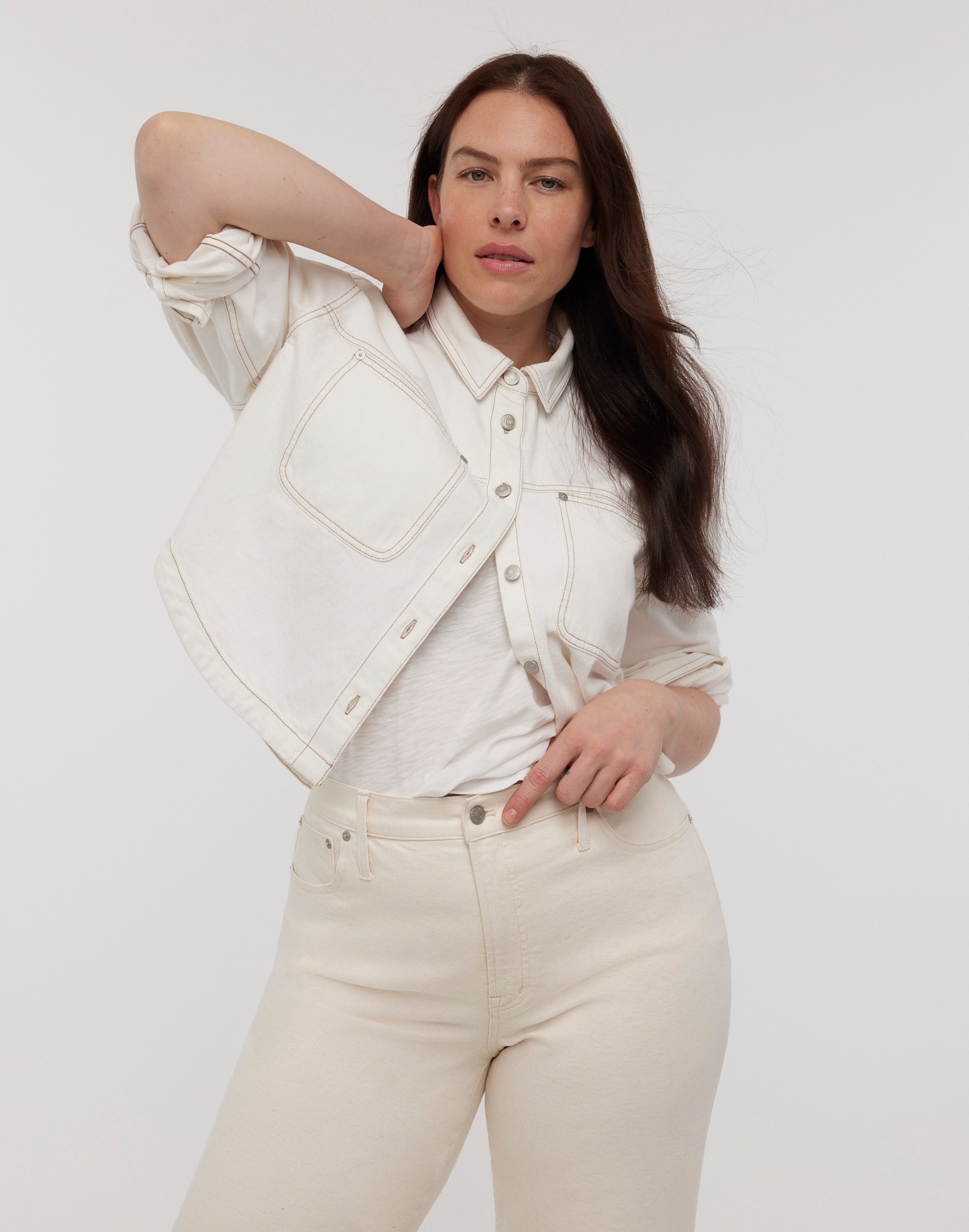 Denim Long-Sleeve Crop Shirt Tile White