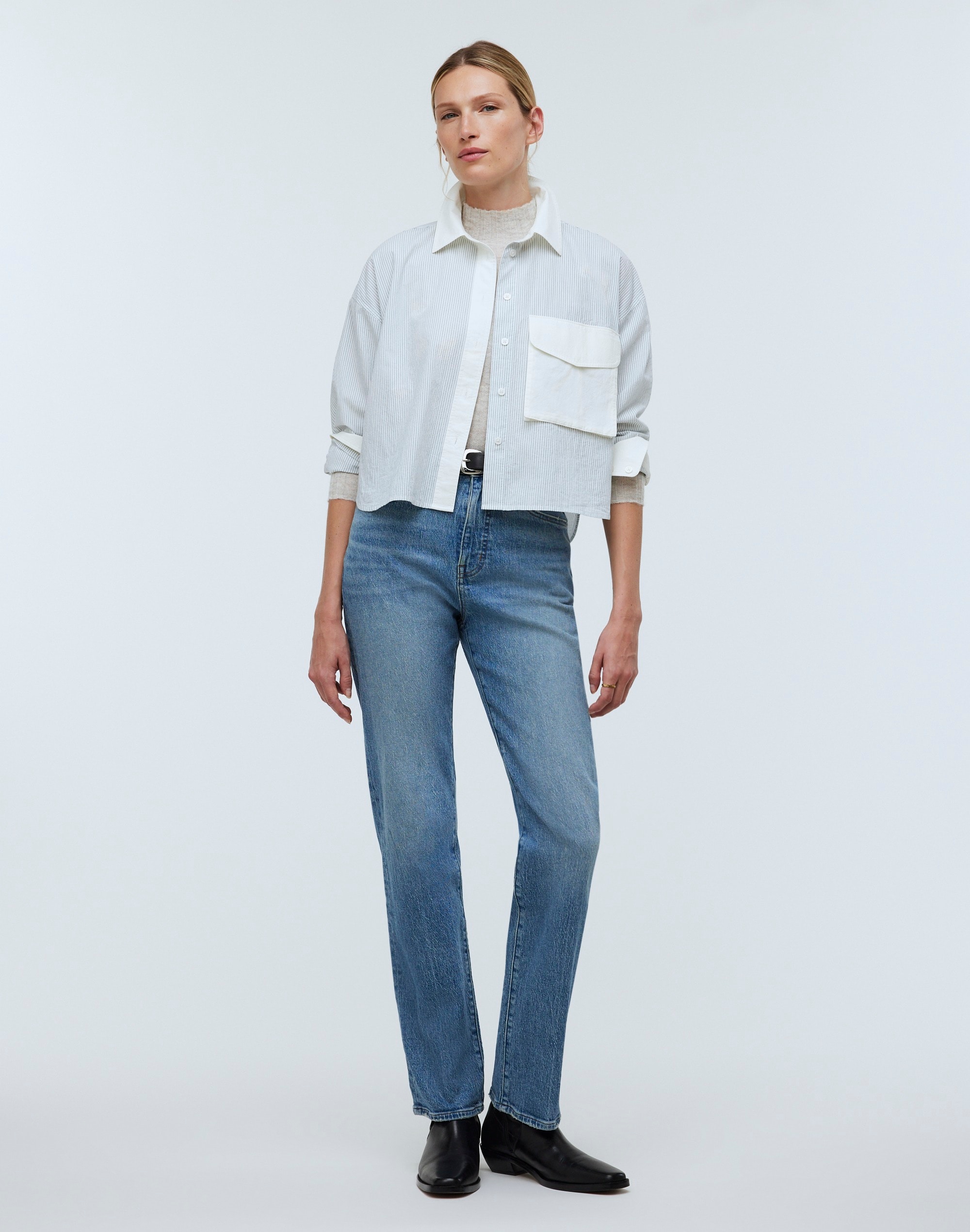 Flap-Pocket Crop Button-Up Shirt in Poplin