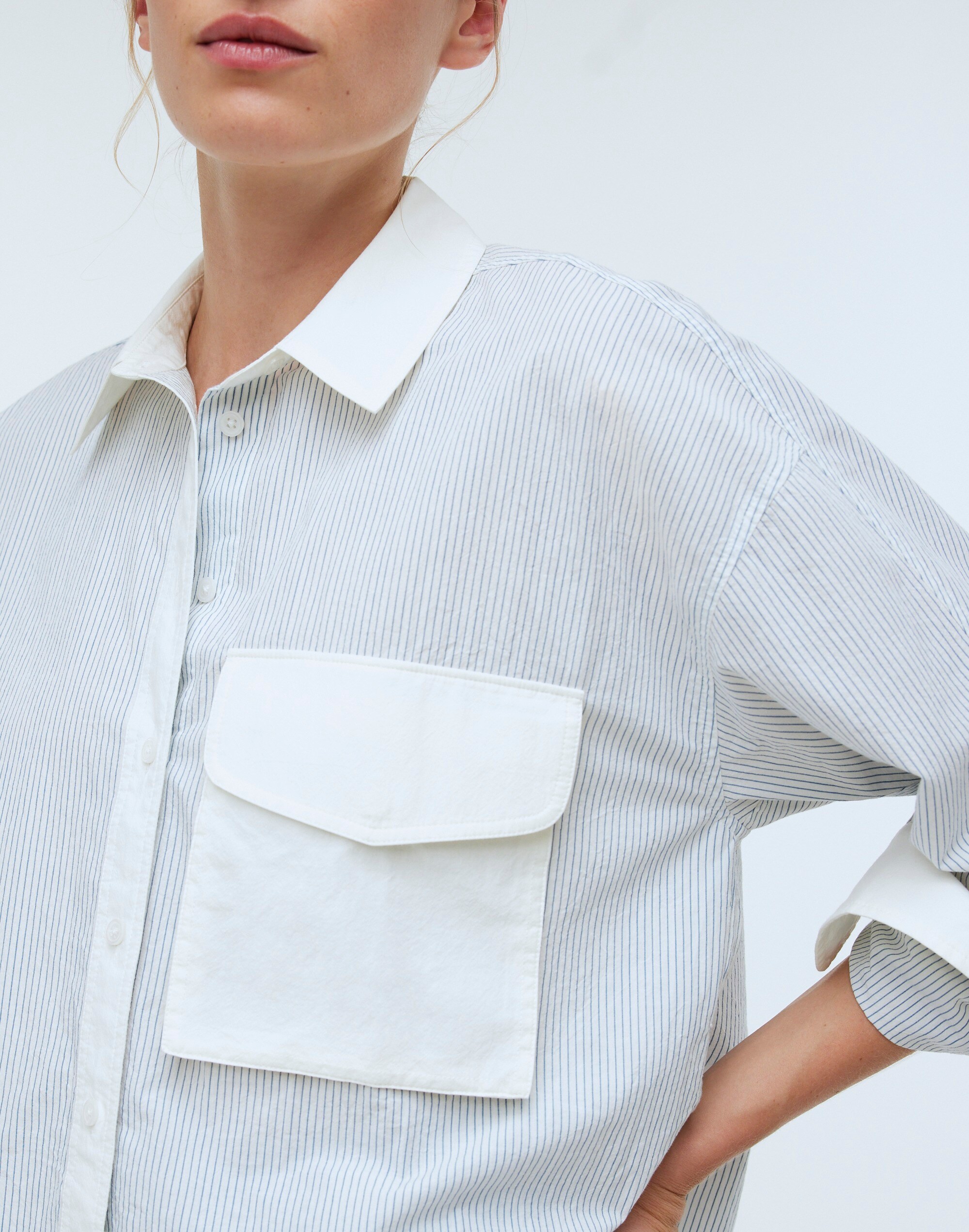 Flap-Pocket Crop Button-Up Shirt in Poplin