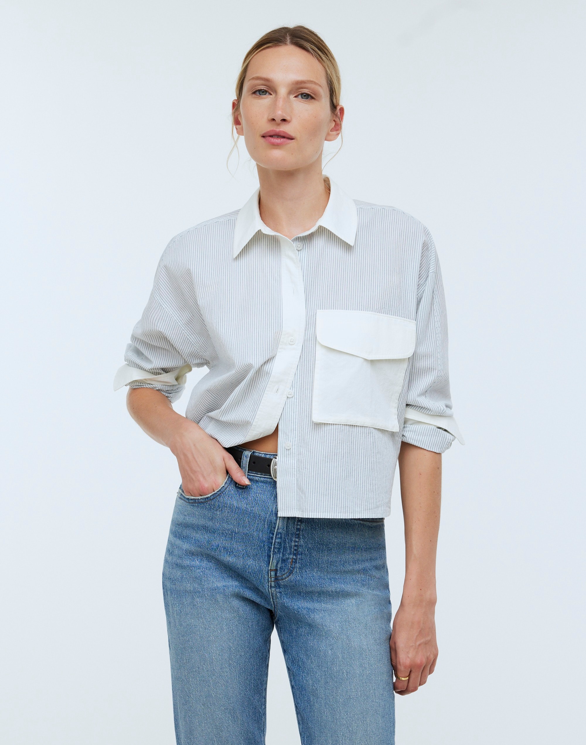 flap-pocket crop button-up shirt in poplin
