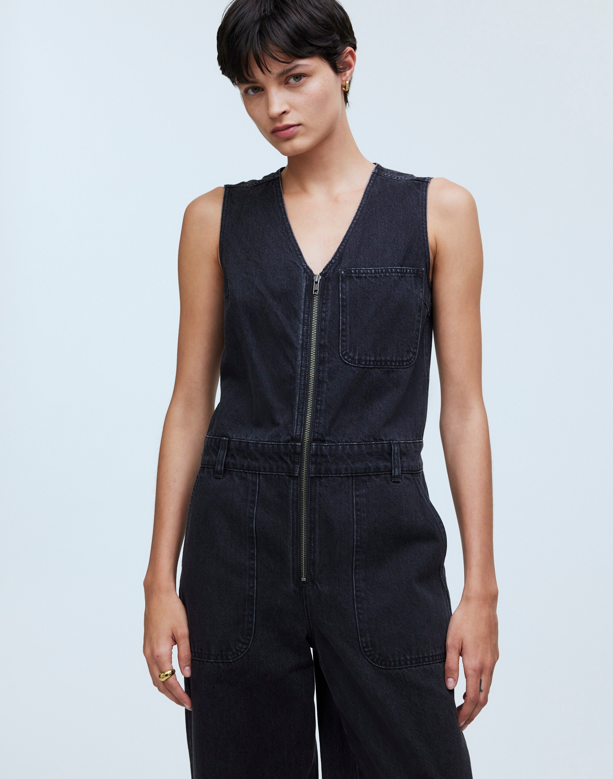 Denim Zip-Front Sleeveless Jumpsuit in Tarrybrook Wash