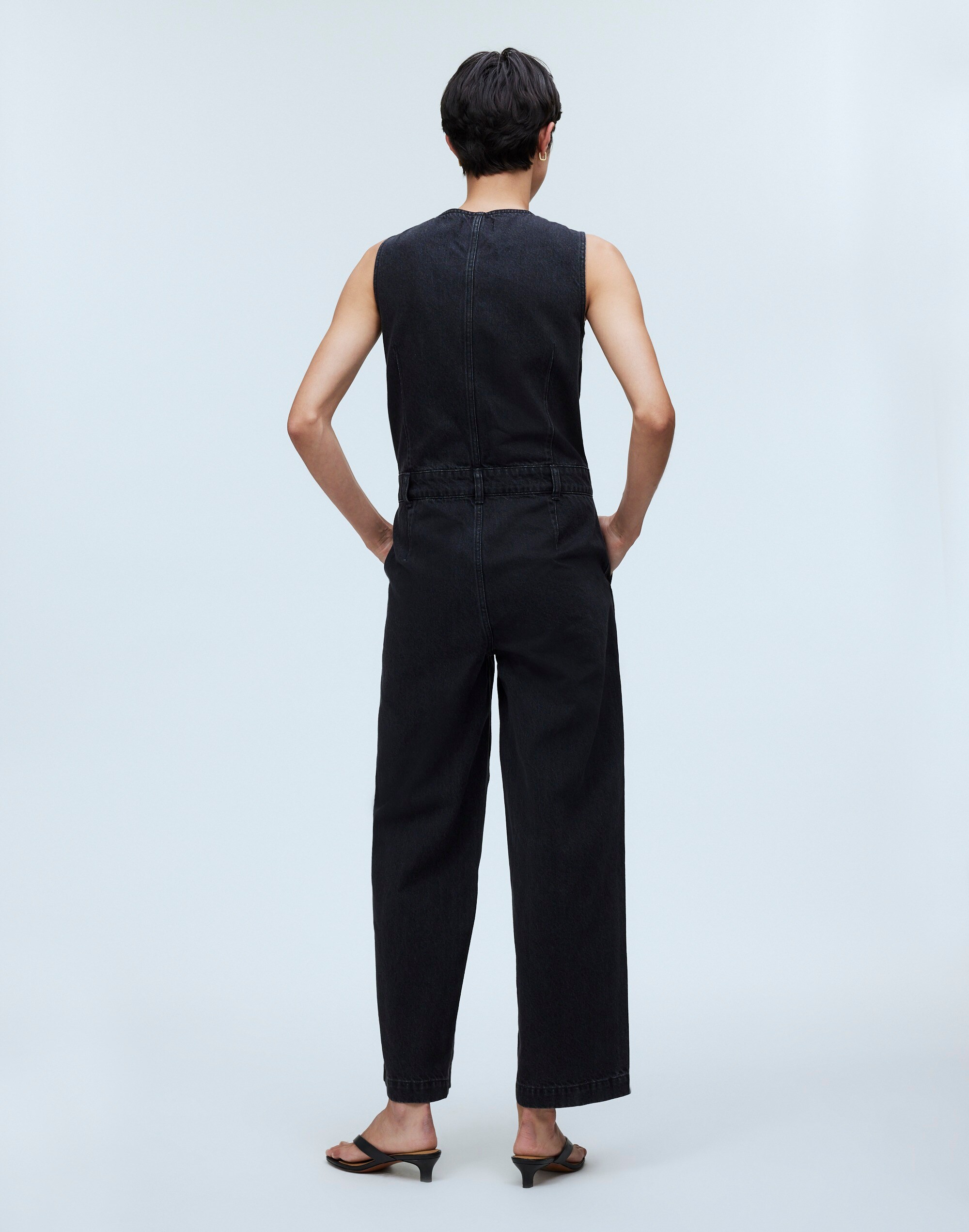 Denim Zip-Front Sleeveless Jumpsuit in Tarrybrook Wash