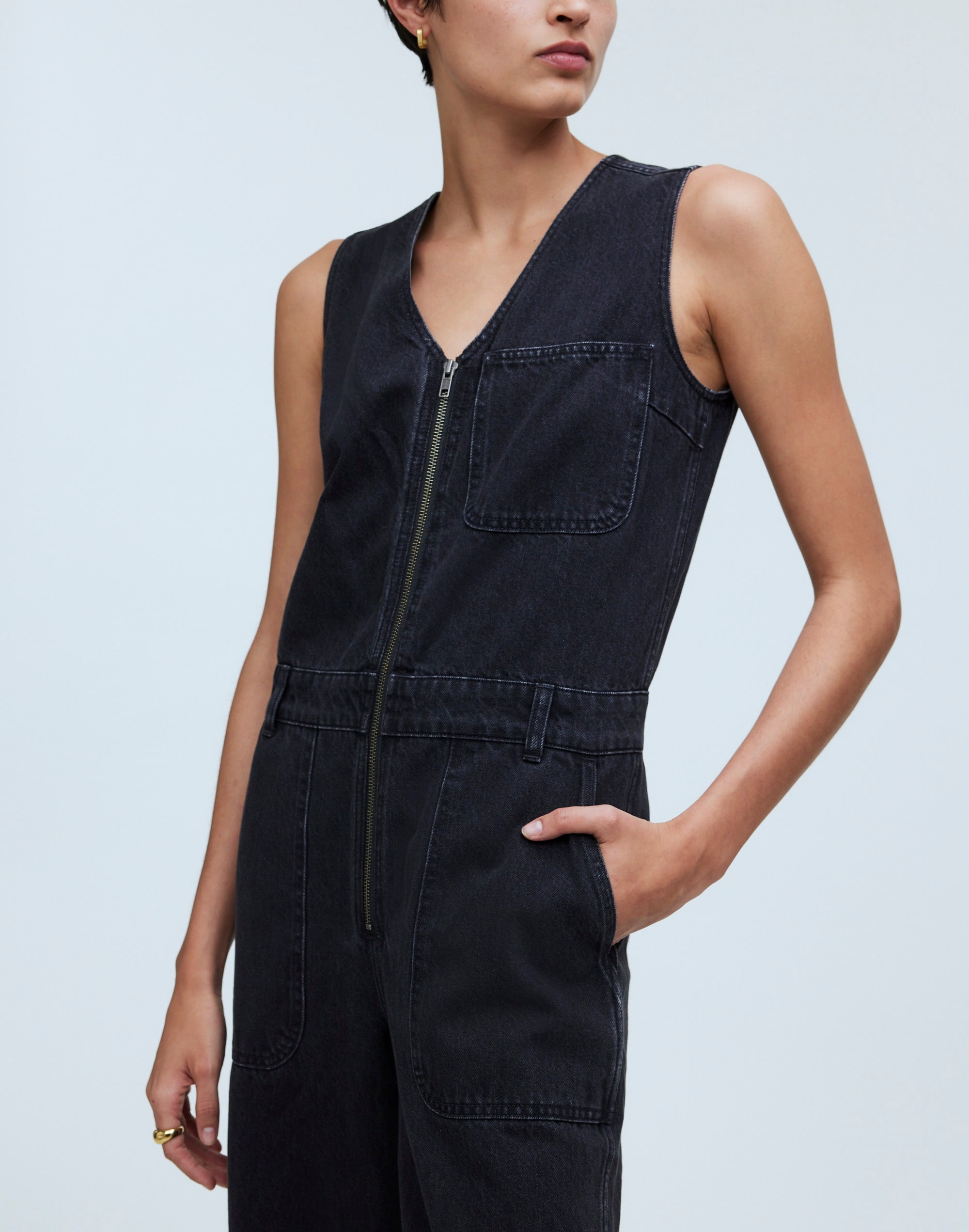 Denim Zip-Front Sleeveless Jumpsuit in Tarrybrook Wash