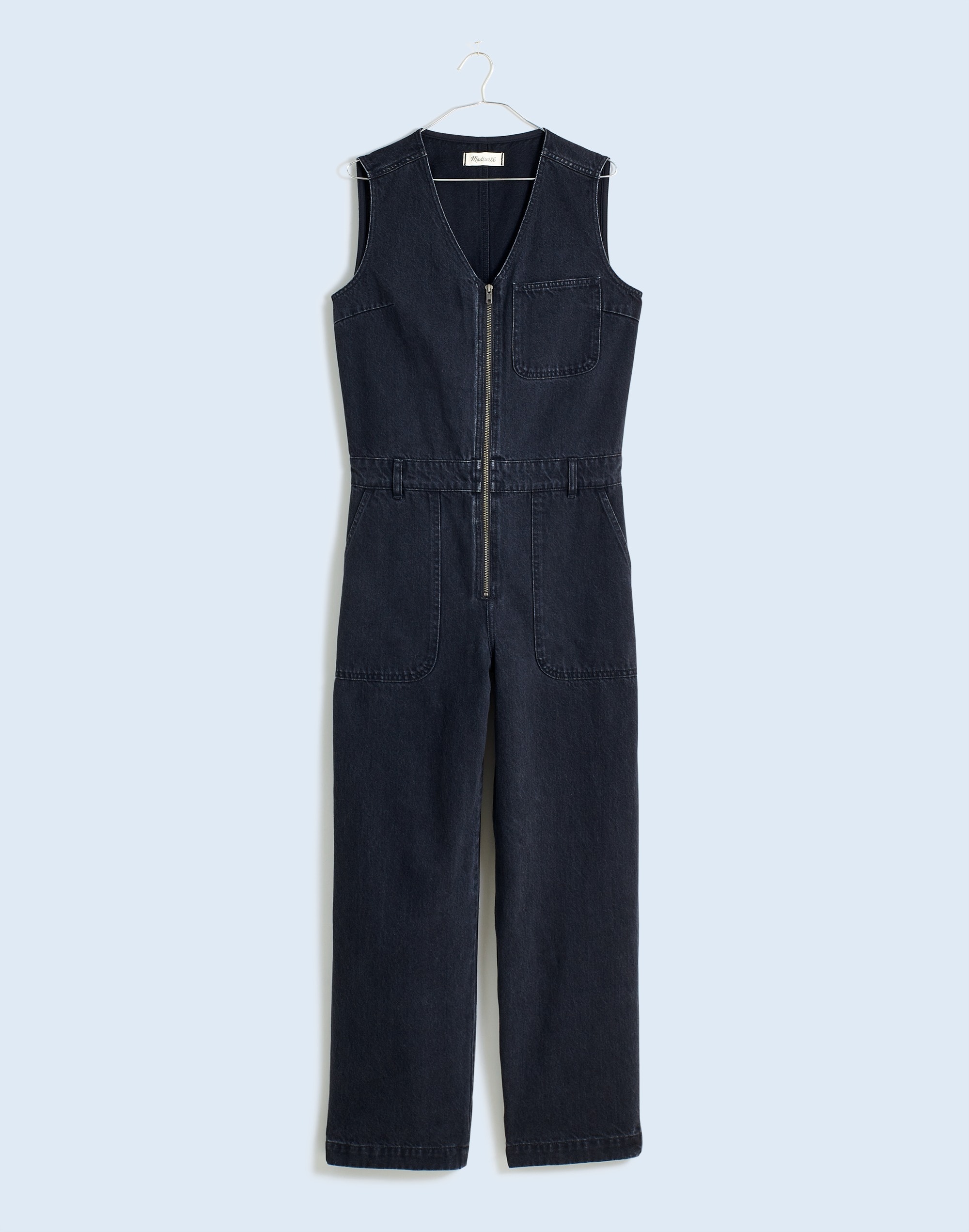 Denim Zip-Front Sleeveless Jumpsuit in Tarrybrook Wash