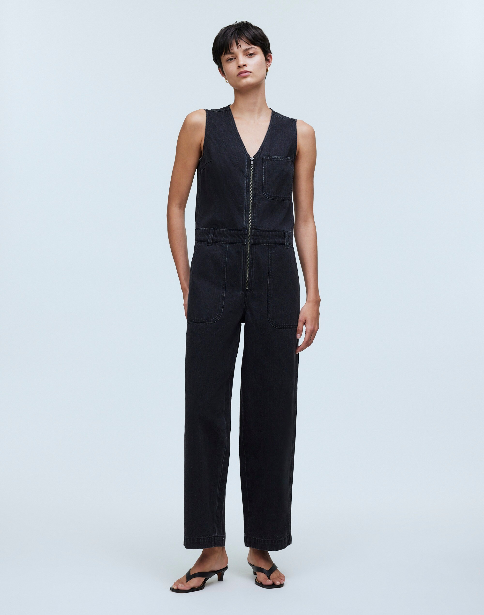 Denim Zip-Front Sleeveless Jumpsuit in Tarrybrook Wash