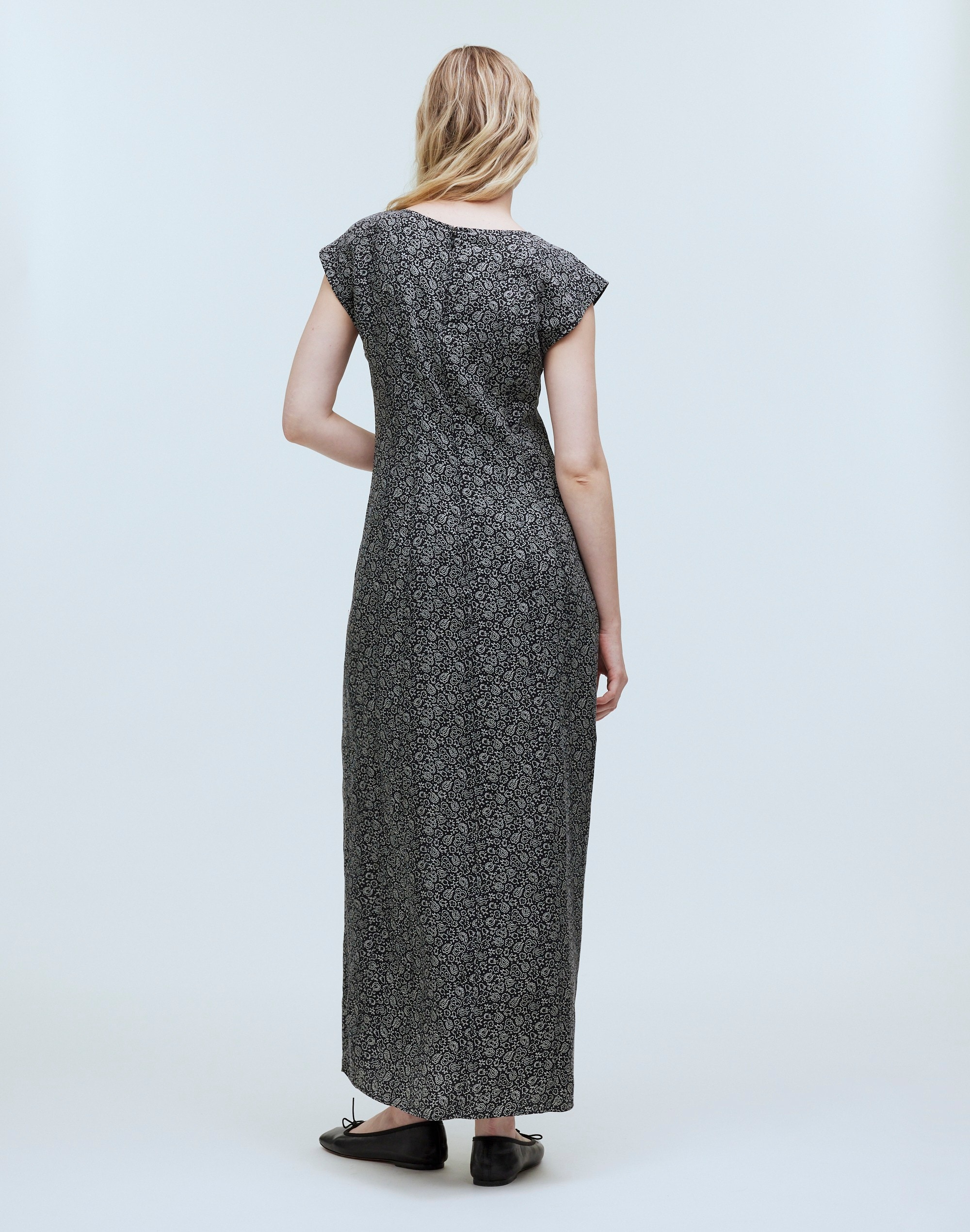 Cap-Sleeve V-Neck Midi Dress in Floral Cupro-Blend