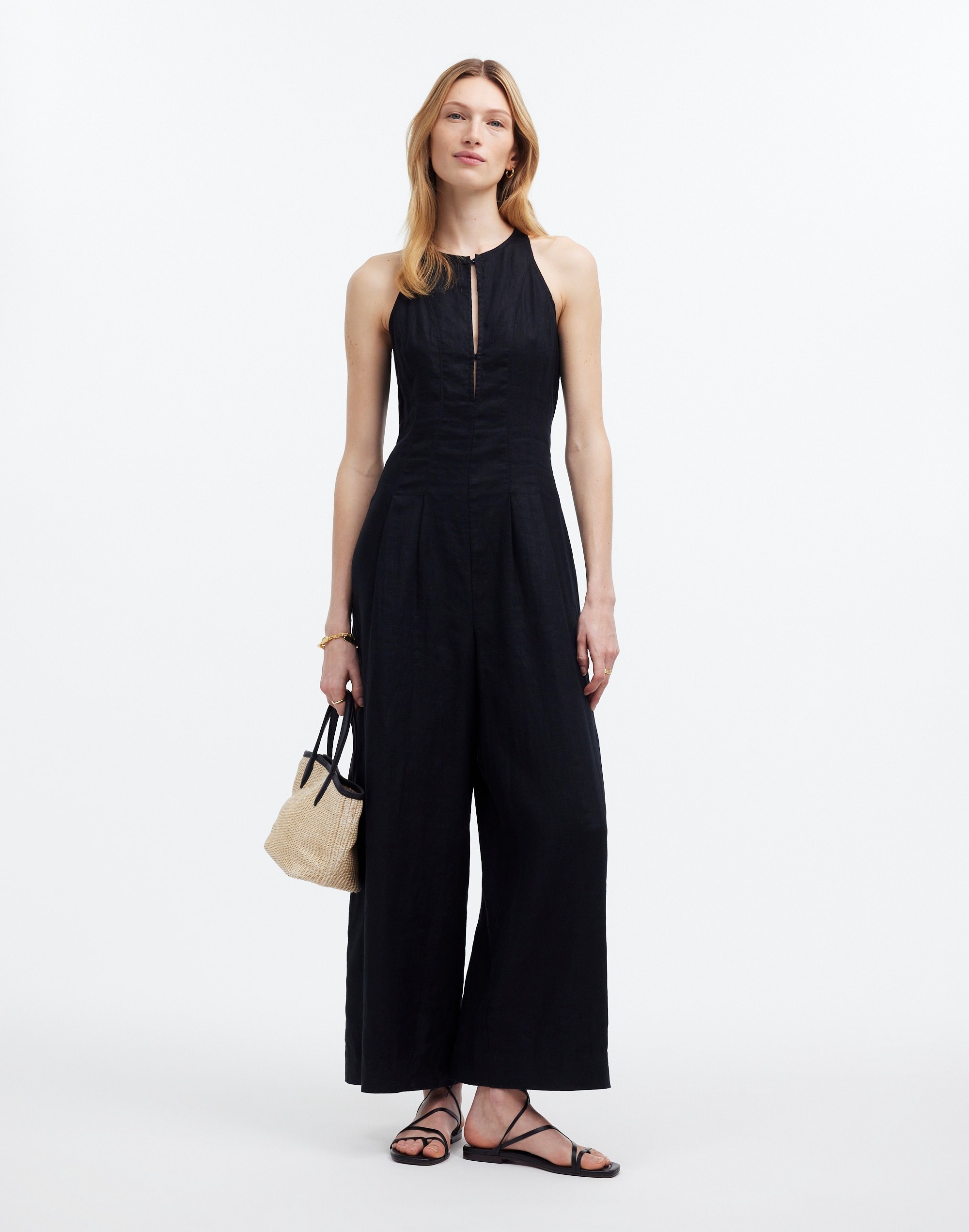 seamed wide-leg jumpsuit in 100% linen