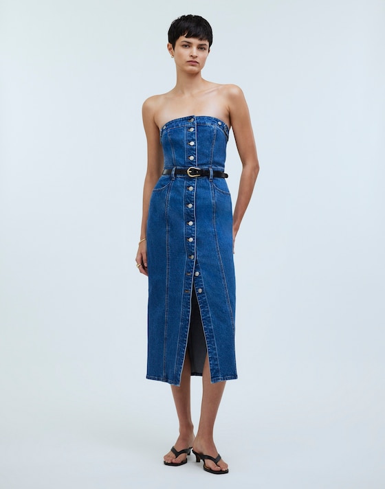 denim strapless dresses Wilma Blue Corset Mini Dress - US 16 Buy this piece now! Pilcro Strapless Seamed Denim Mini