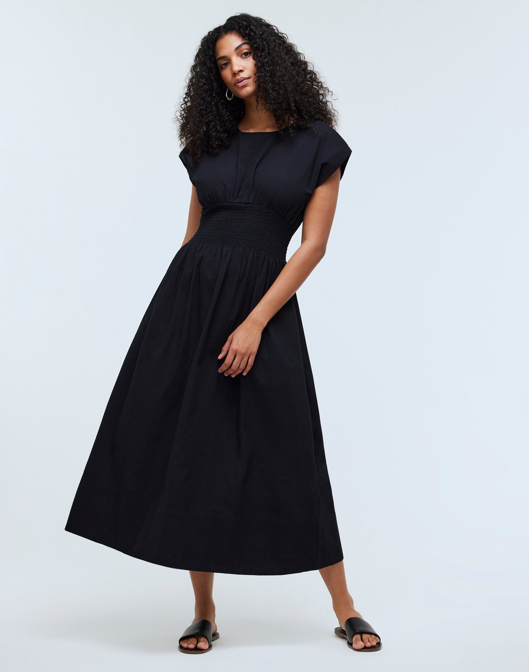 Smocked-Waist Midi Dress in Stripe Seersucker