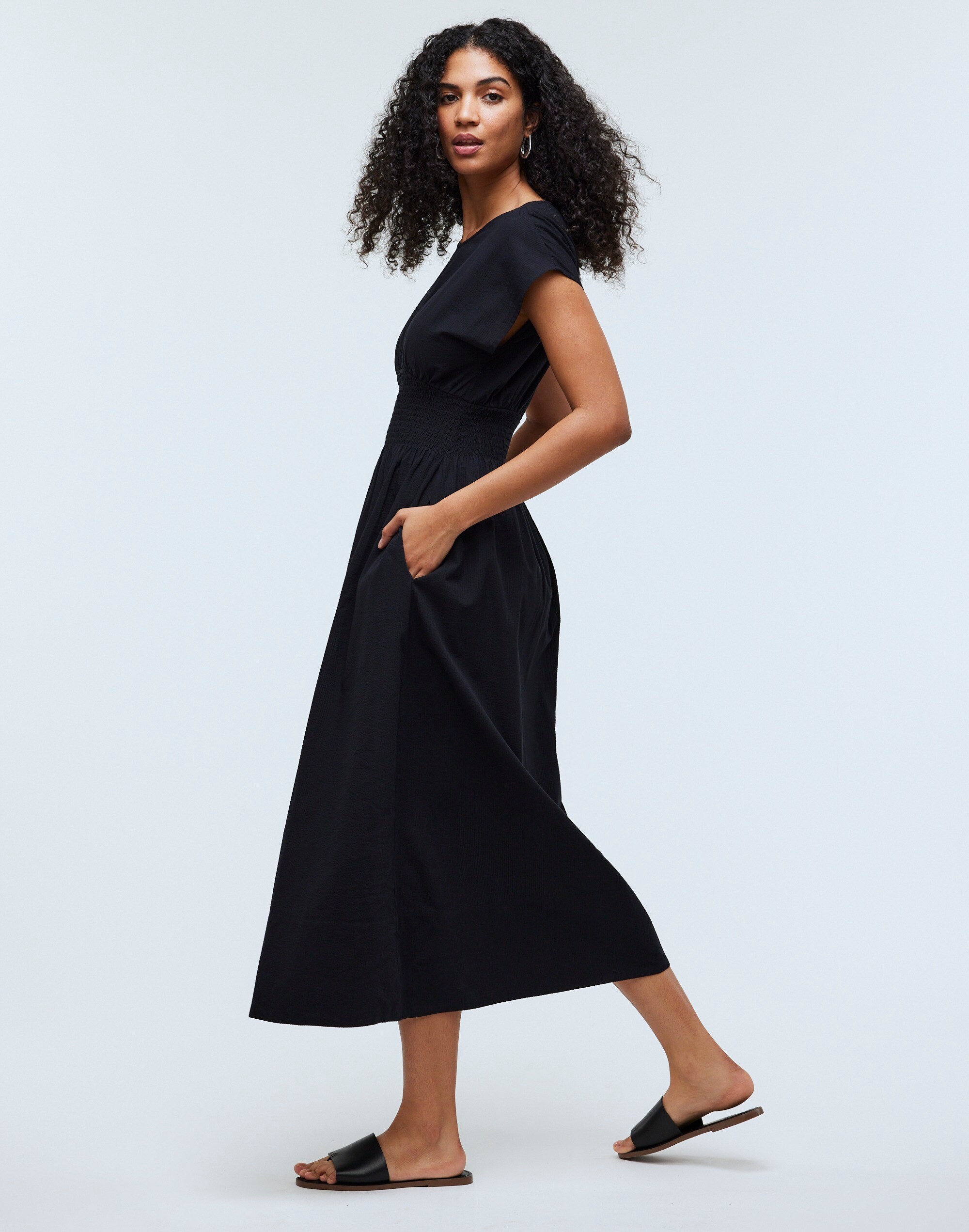 Smocked-Waist Midi Dress in Stripe Seersucker