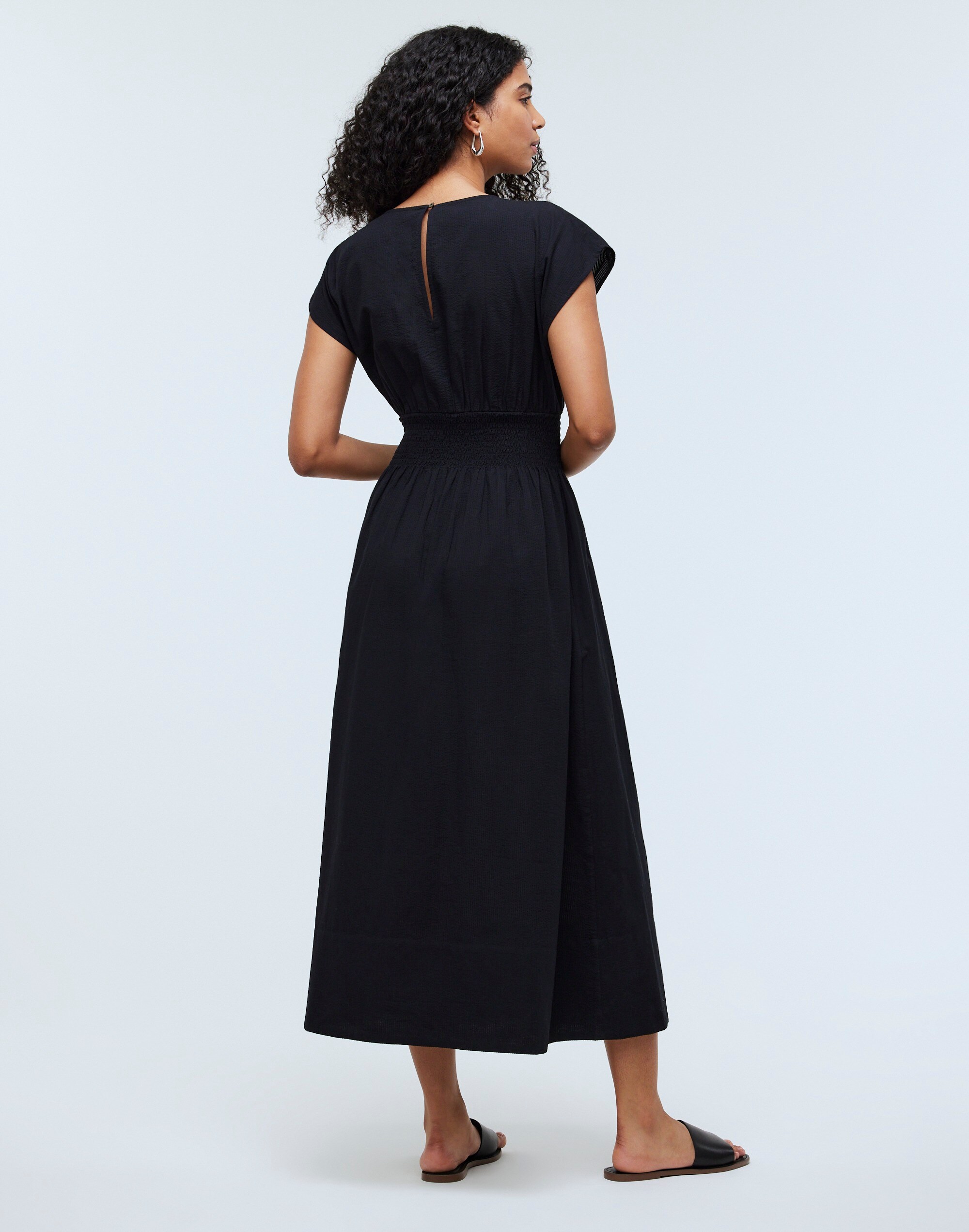 Smocked-Waist Midi Dress in Stripe Seersucker