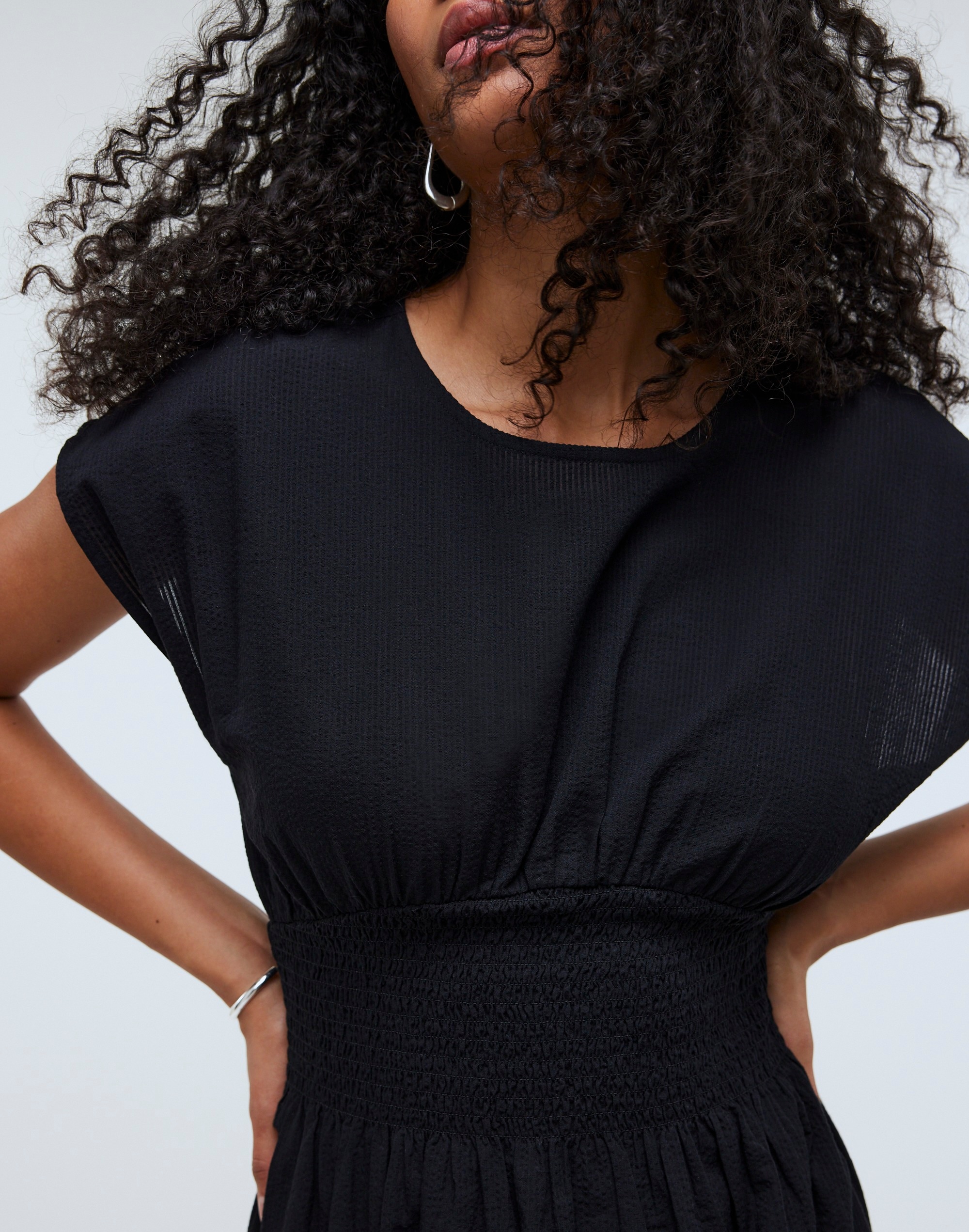 Smocked-Waist Midi Dress in Stripe Seersucker