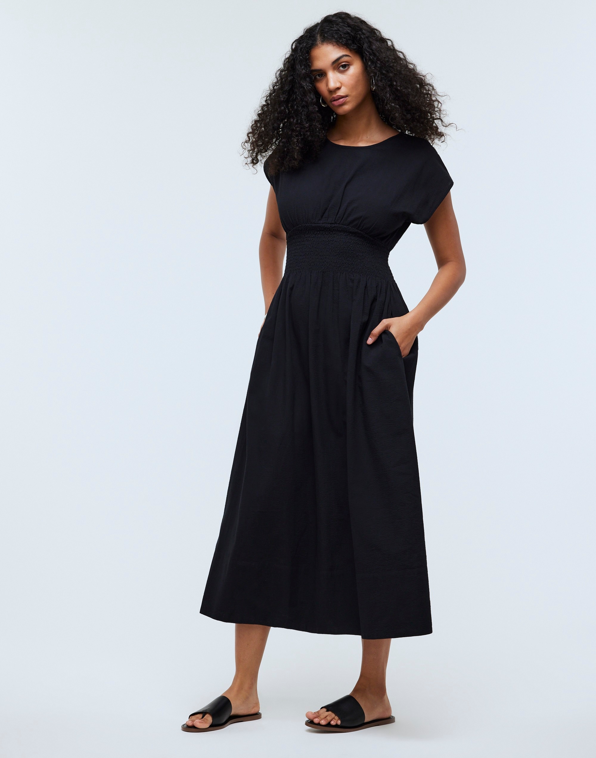 Mw Smocked-waist Midi Dress In True Black