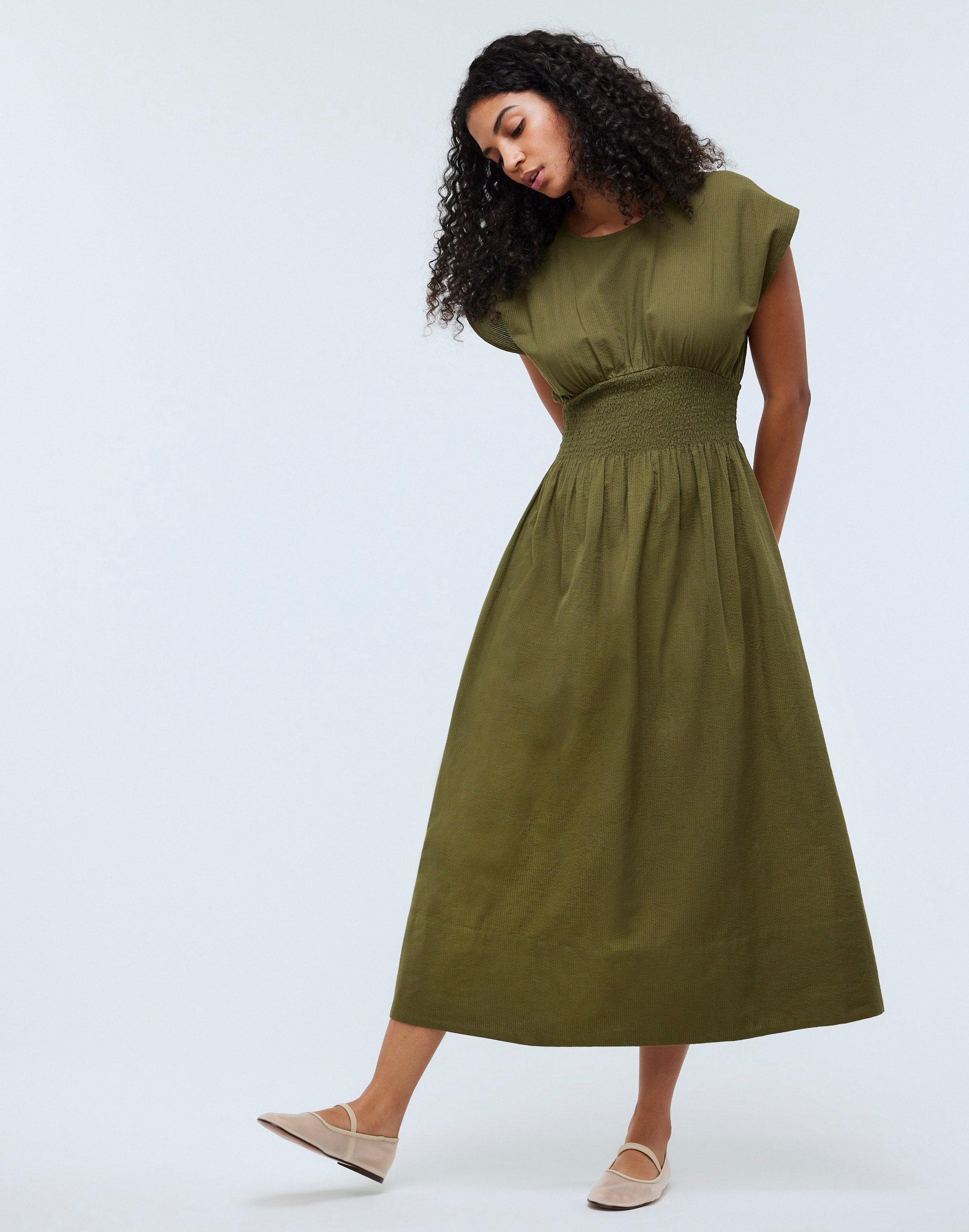 Mw Smocked-waist Midi Dress In Desert Olive