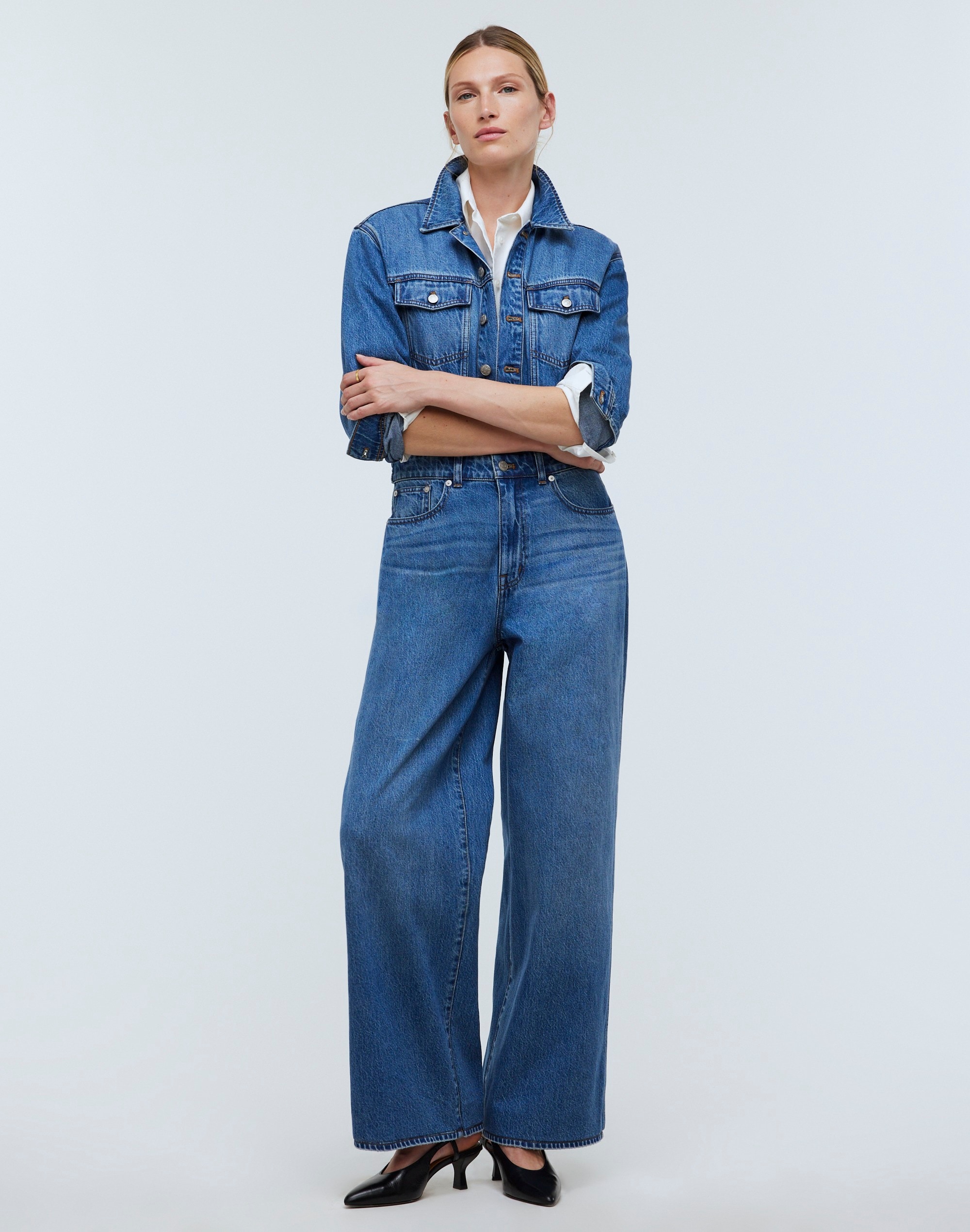 Mw Denim Wide-leg Coverall Jumpsuit In Byrne Wash