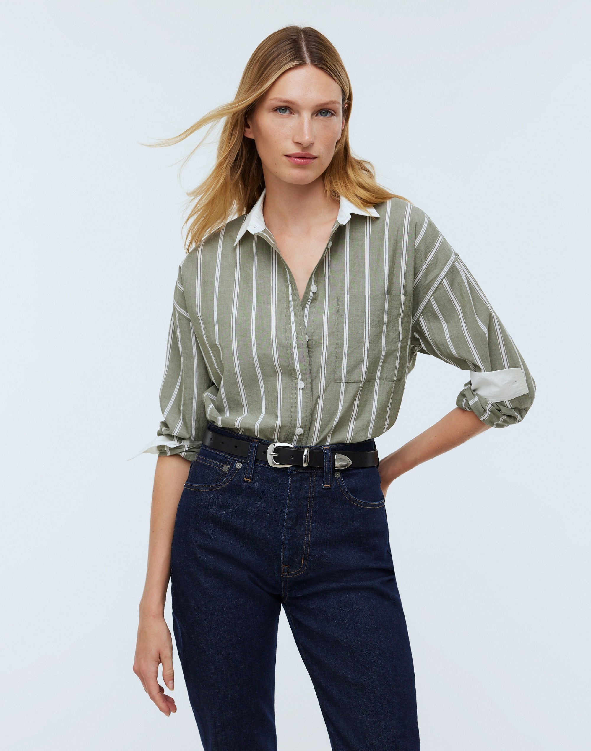 The Oversized Straight Hem Shirt in Stripe Signature Poplin