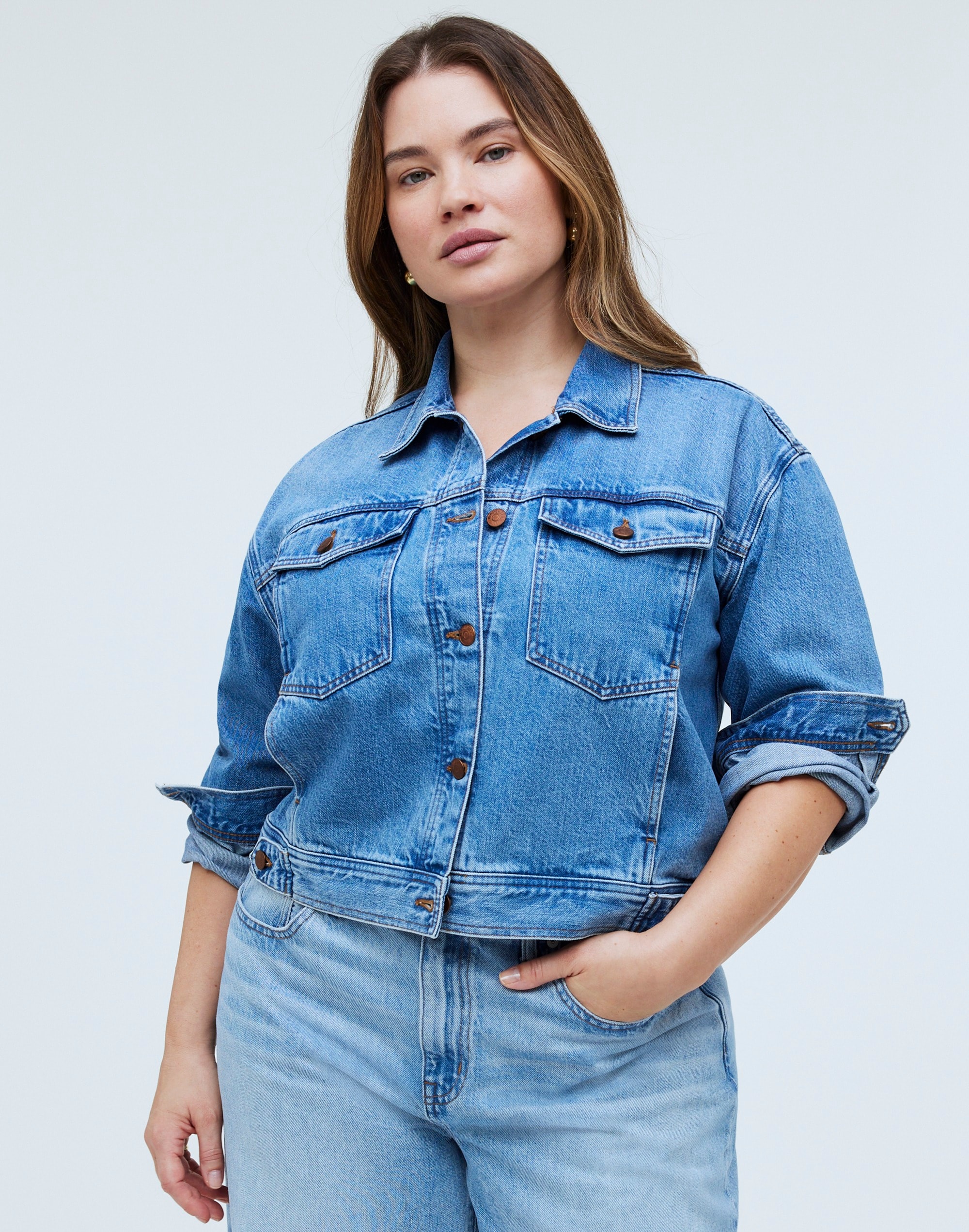 Plus Button-Front Denim Jacket in Grenhart Wash