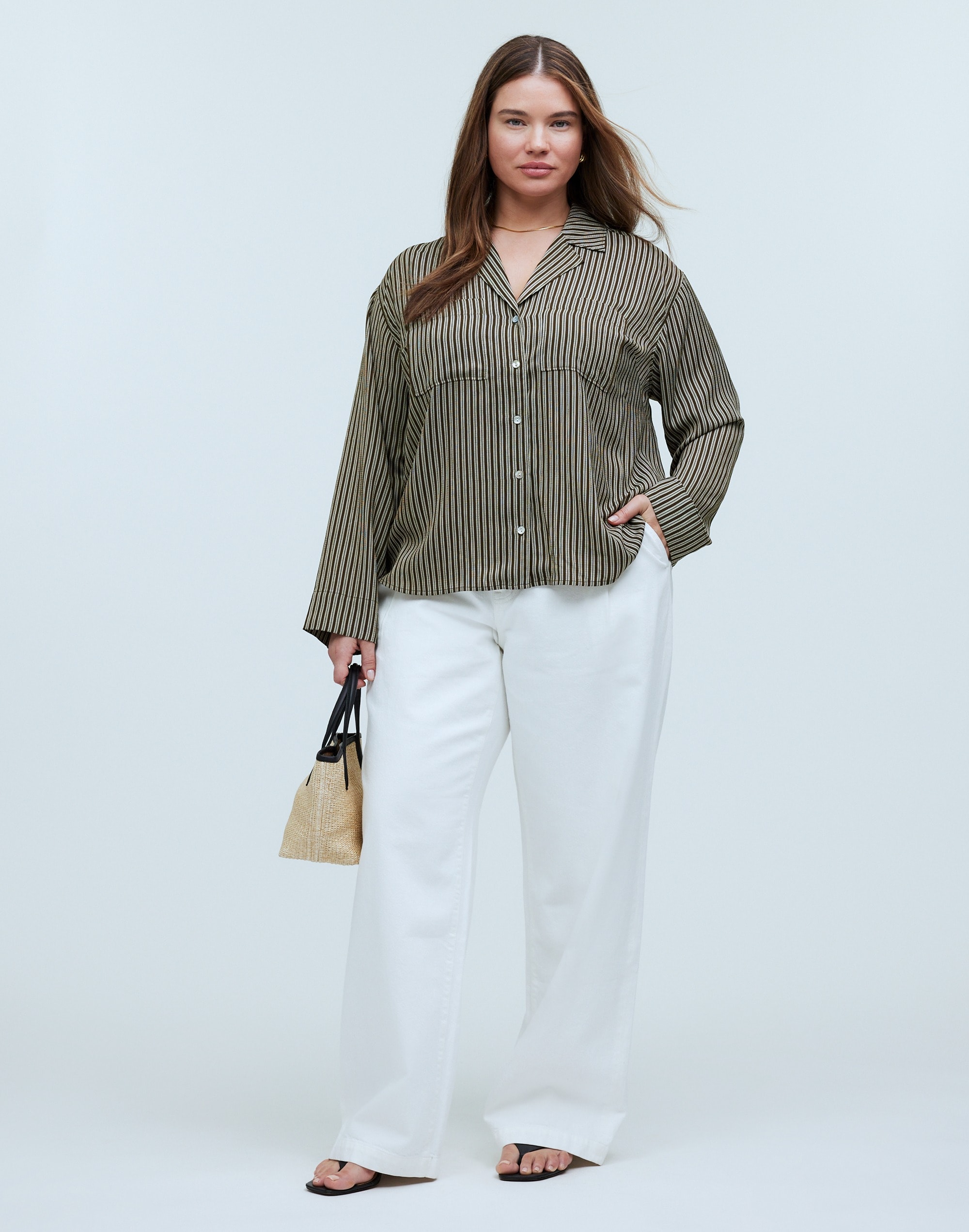 Plus Resort Long-Sleeve Shirt in Stripe Seersucker