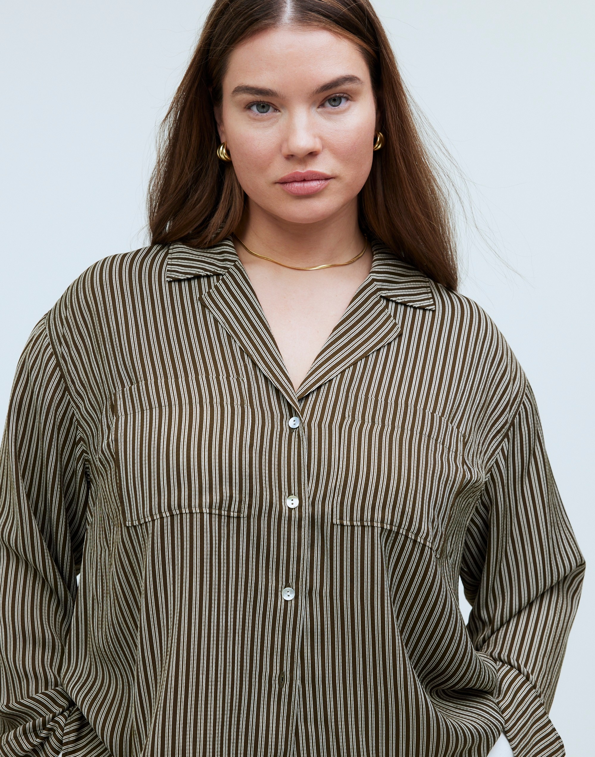 Plus Resort Long-Sleeve Shirt in Stripe Seersucker