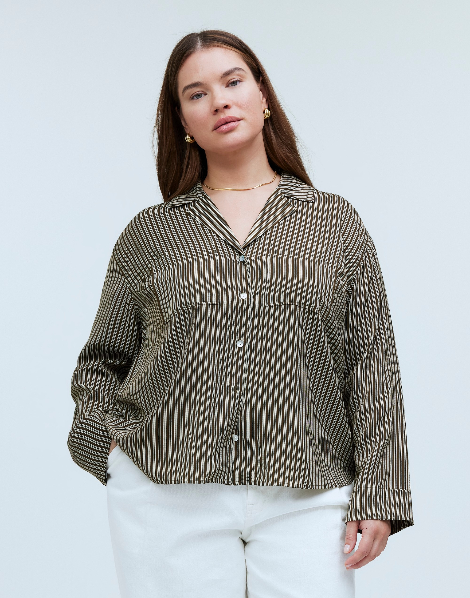 Plus Resort Long-Sleeve Shirt in Stripe Seersucker