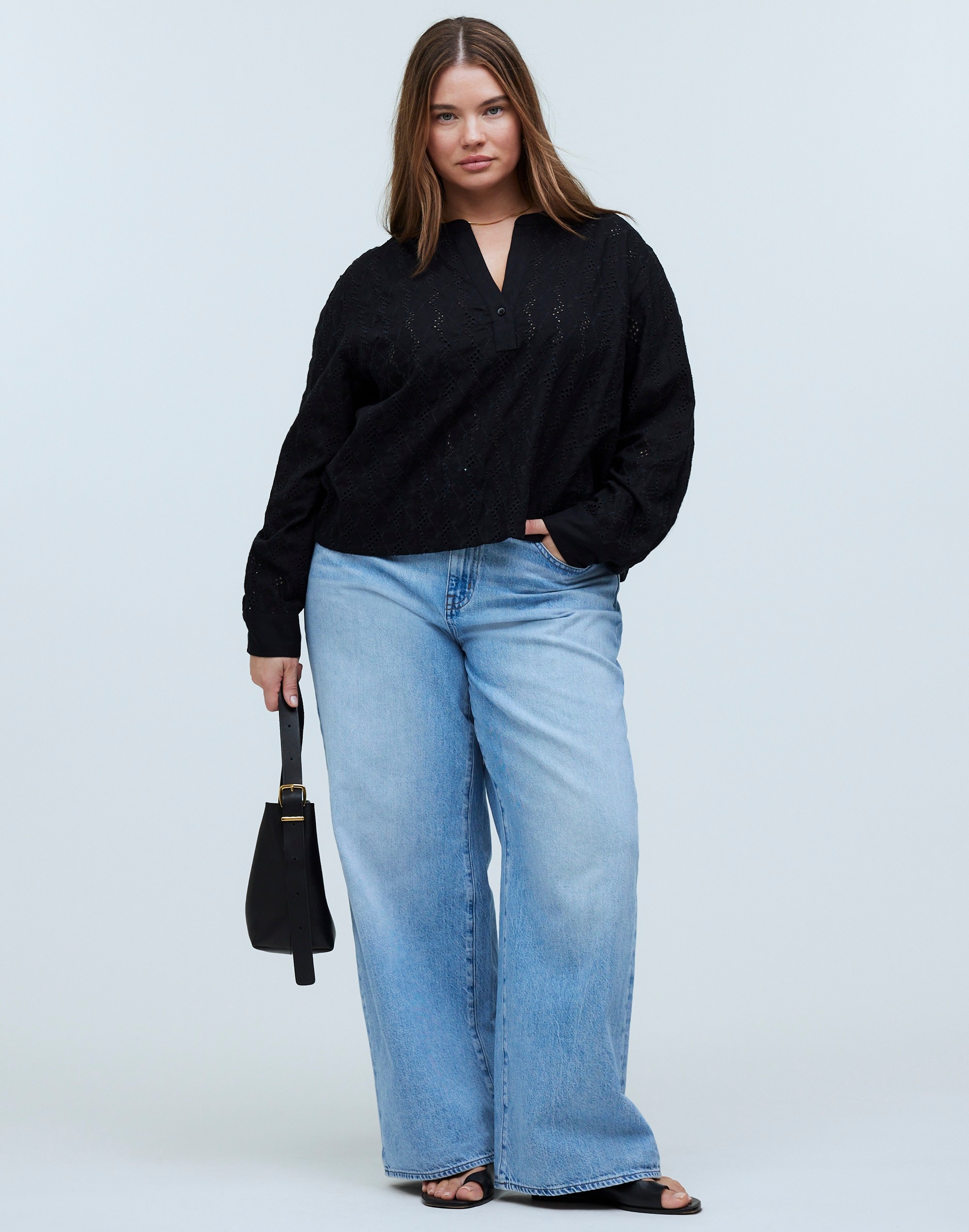 Plus Long-Sleeve Popover Top in Eyelet