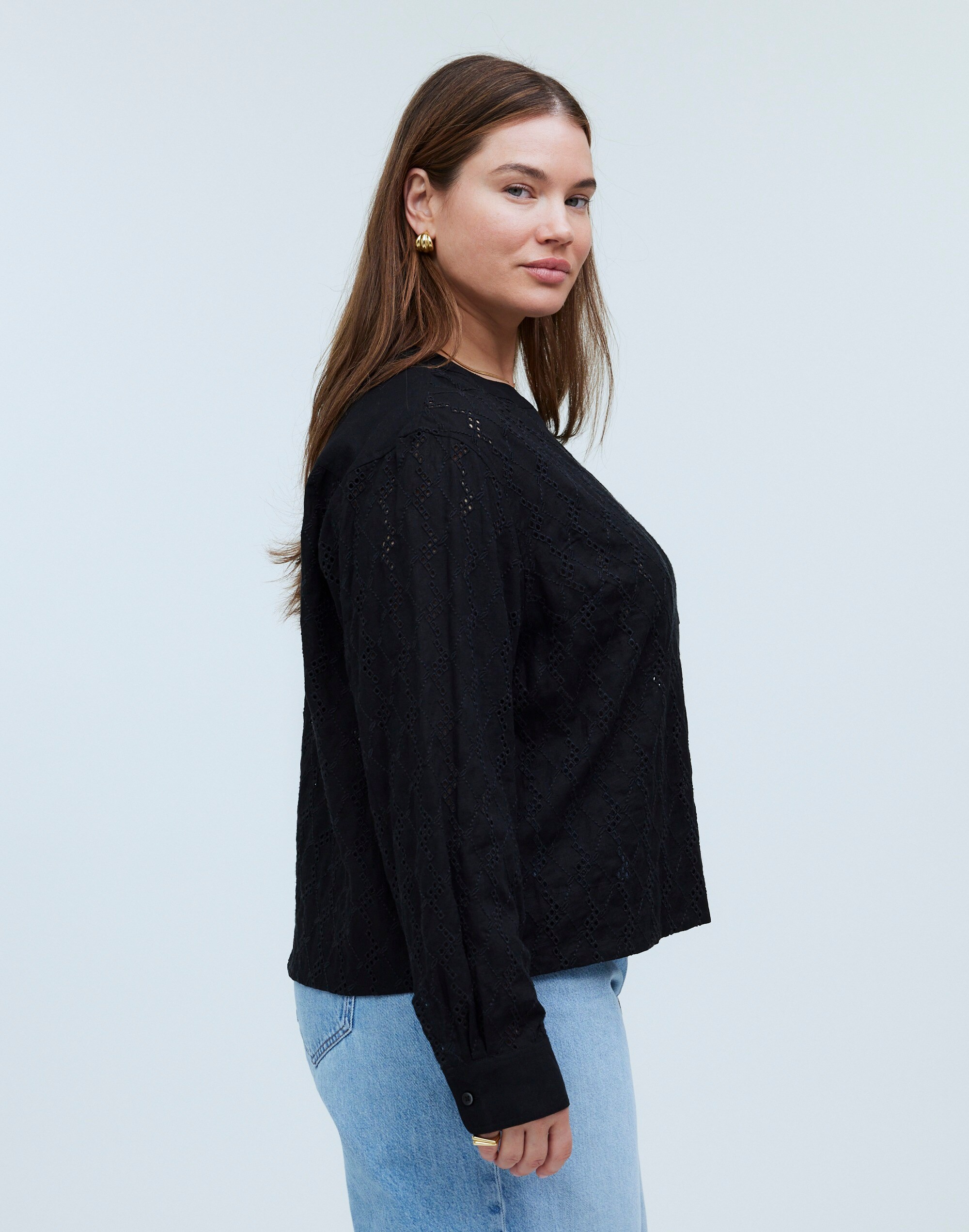 Plus Long-Sleeve Popover Top in Eyelet