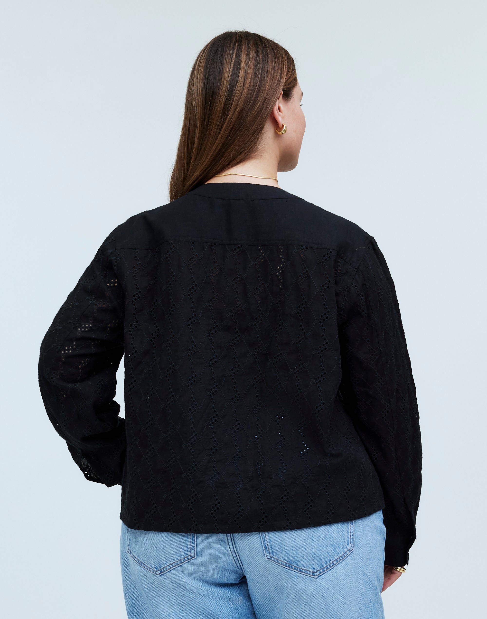 Plus Long-Sleeve Popover Top in Eyelet