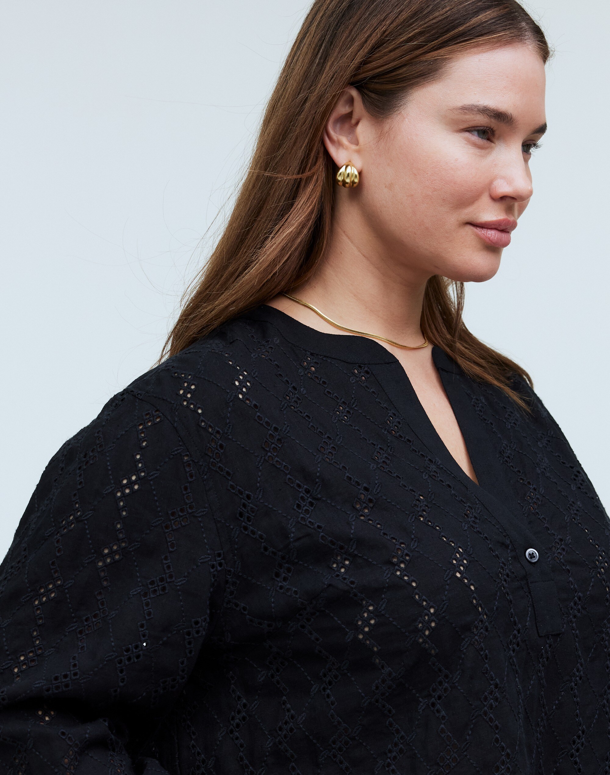 Plus Long-Sleeve Popover Top in Eyelet
