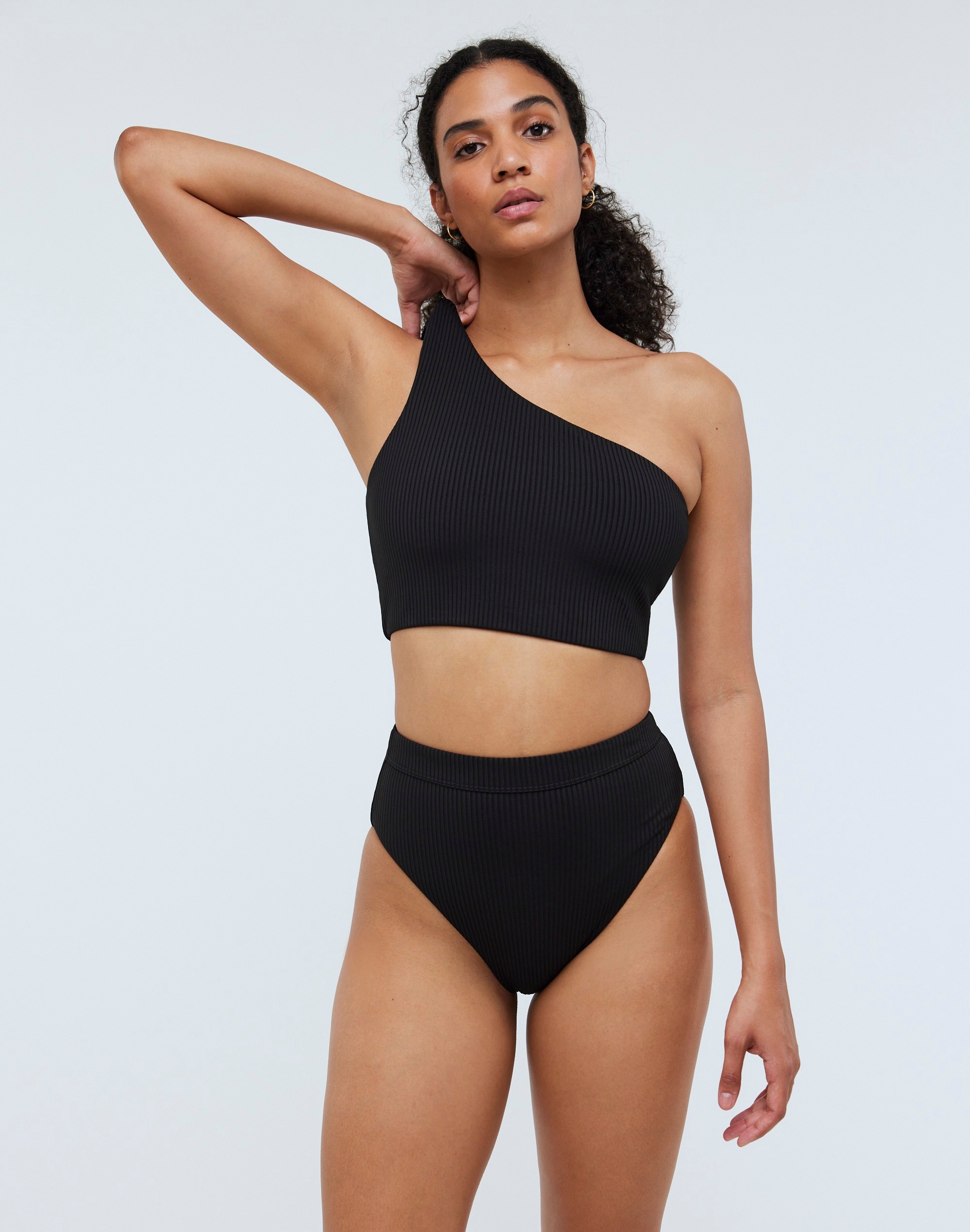 ribbed one-shoulder longline bikini top