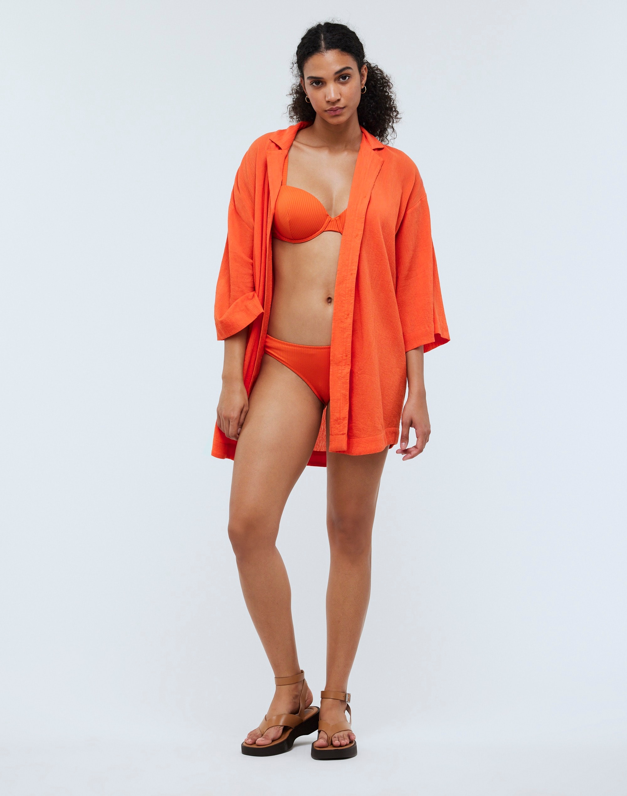 Shop Mw Crinkle Cotton Cover-up Mini Shirtdress In Coastal Orange