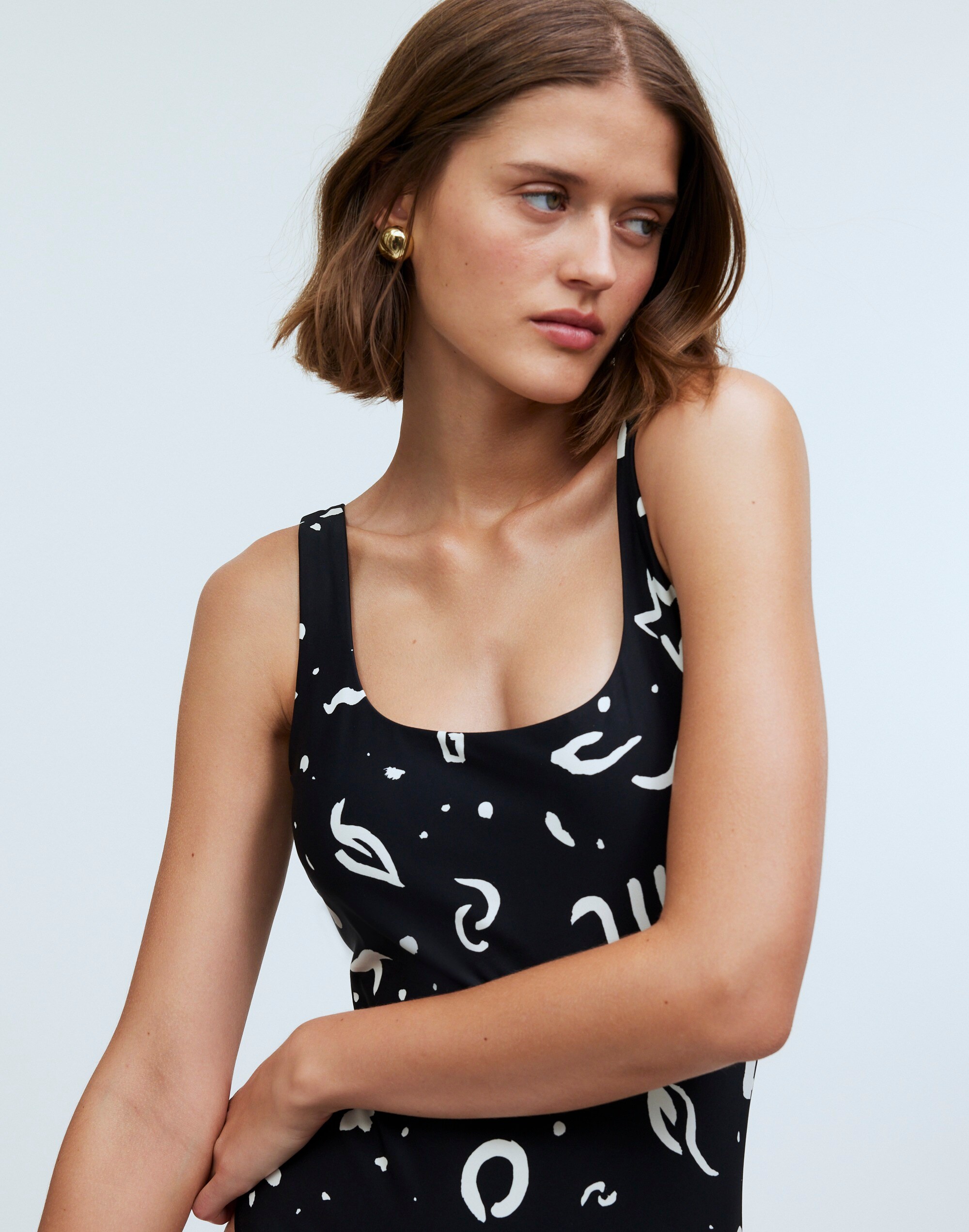 Scoop-Neck One-Piece Swimsuit in Abstract Doodle