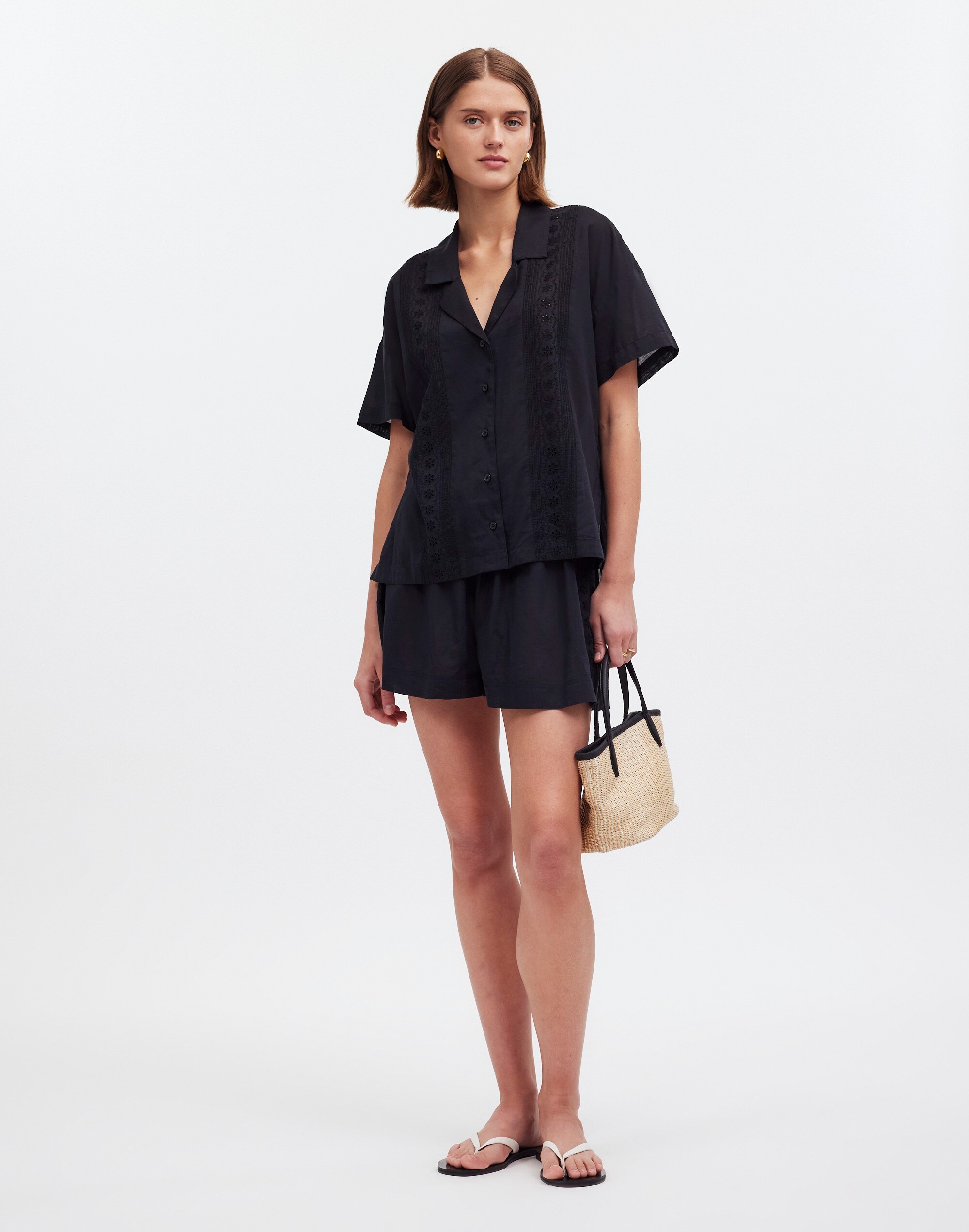 Embroidered Button-Front Cover-Up Shirt