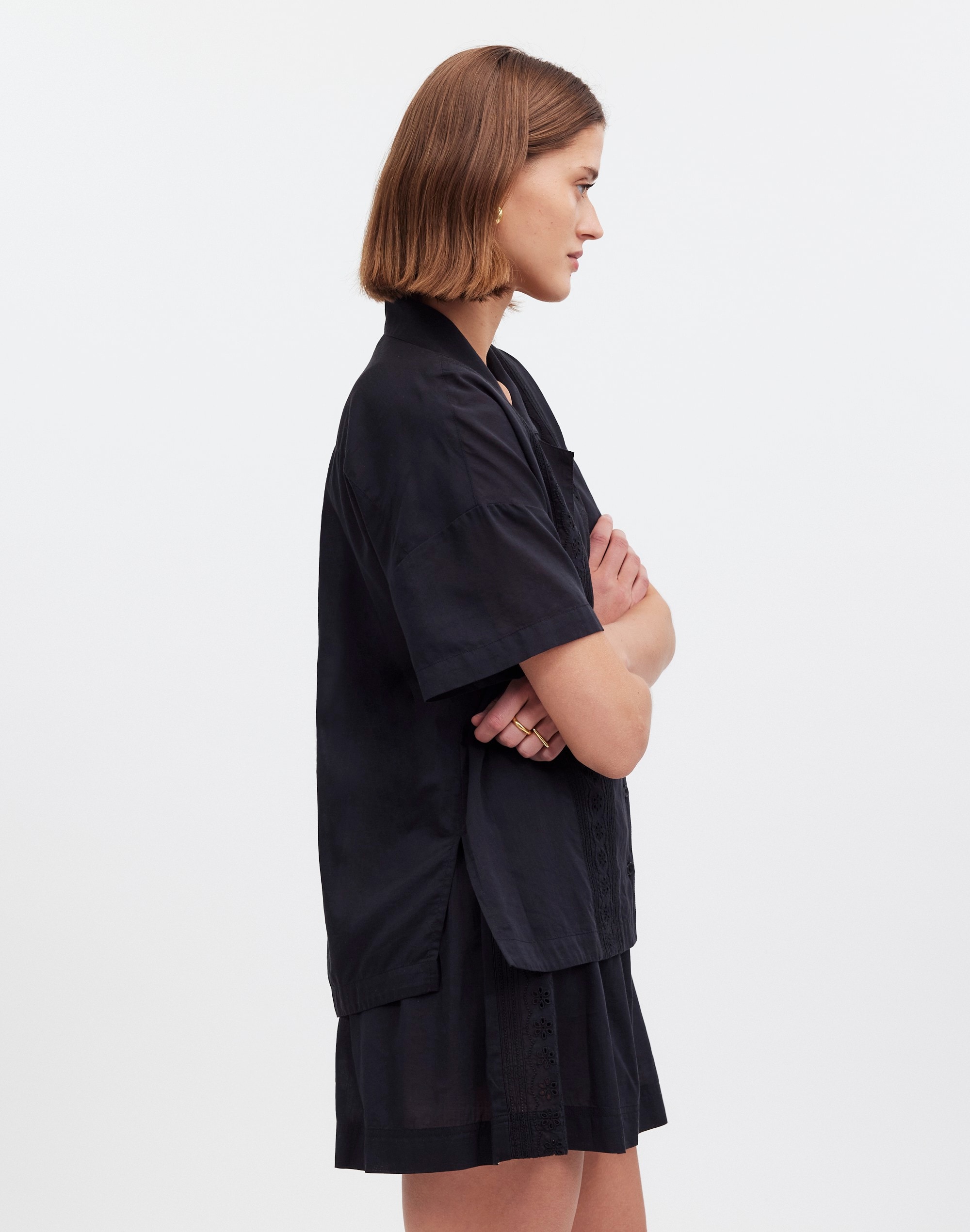 Embroidered Button-Front Cover-Up Shirt