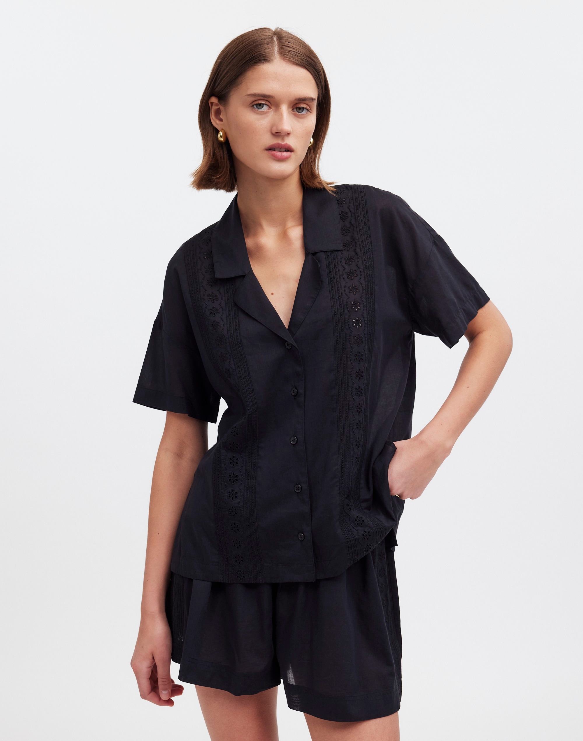 Mw Embroidered Button-front Cover-up Shirt In True Black