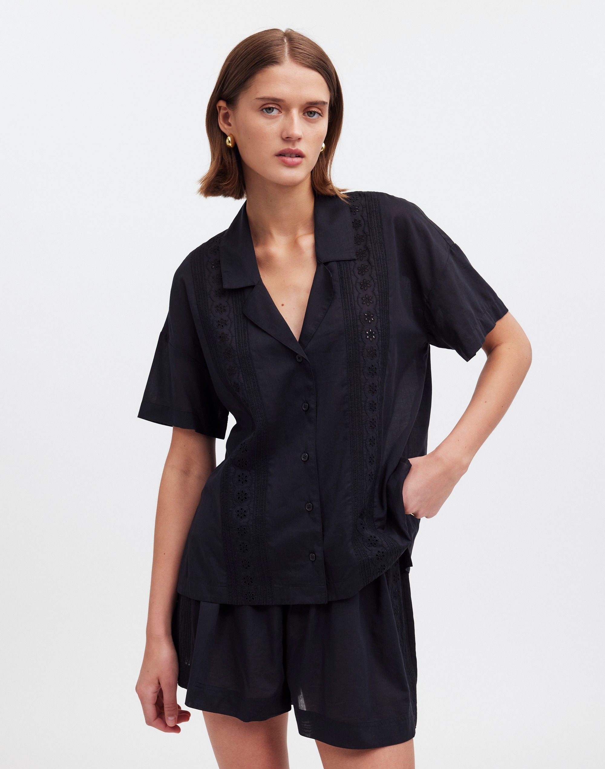 embroidered button-front cover-up shirt