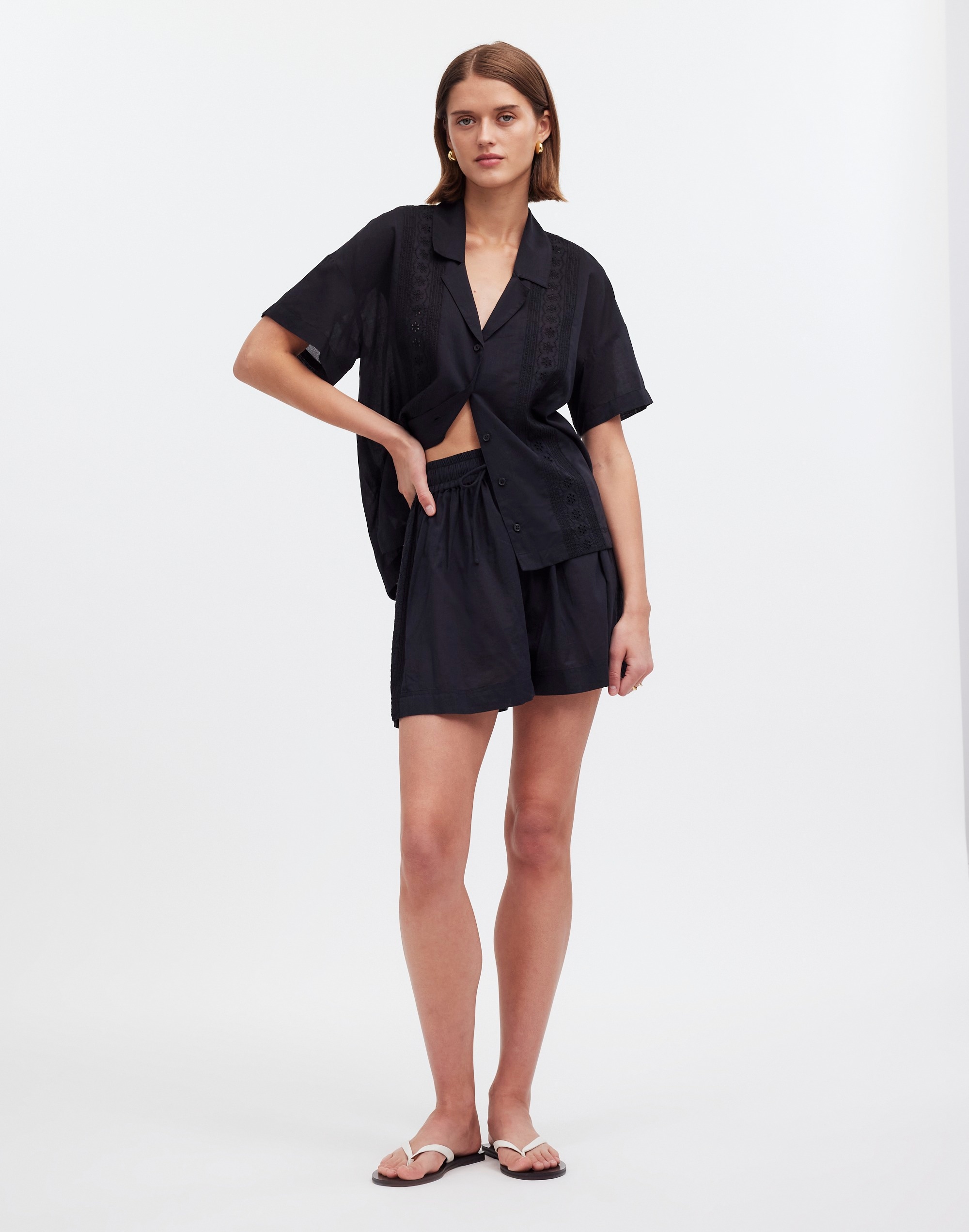 Mw Embroidered Pull-on Cover-up Shorts In True Black