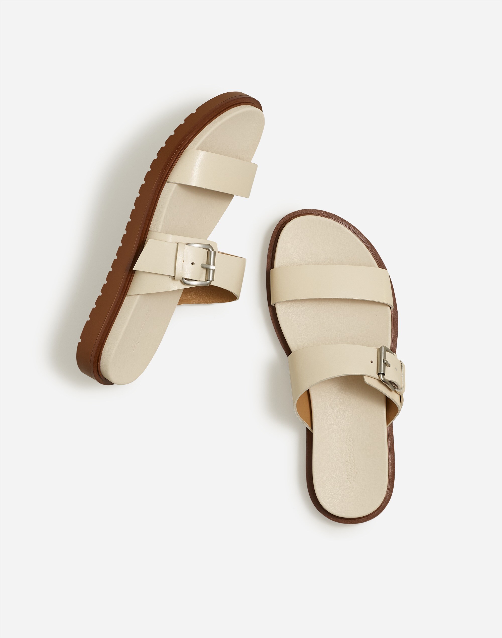 The Dee Double-Strap Slide Sandal in Leather in ecru image 1