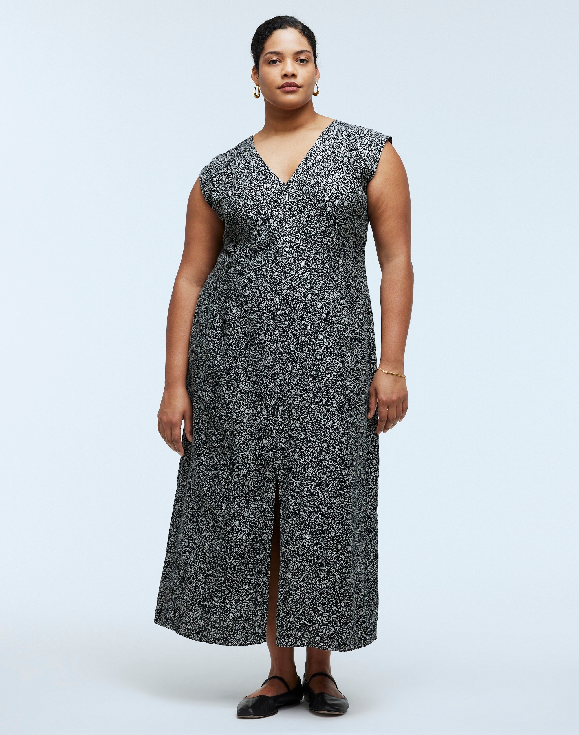 Plus Cap-Sleeve V-Neck Midi Dress in Floral Cupro-Blend